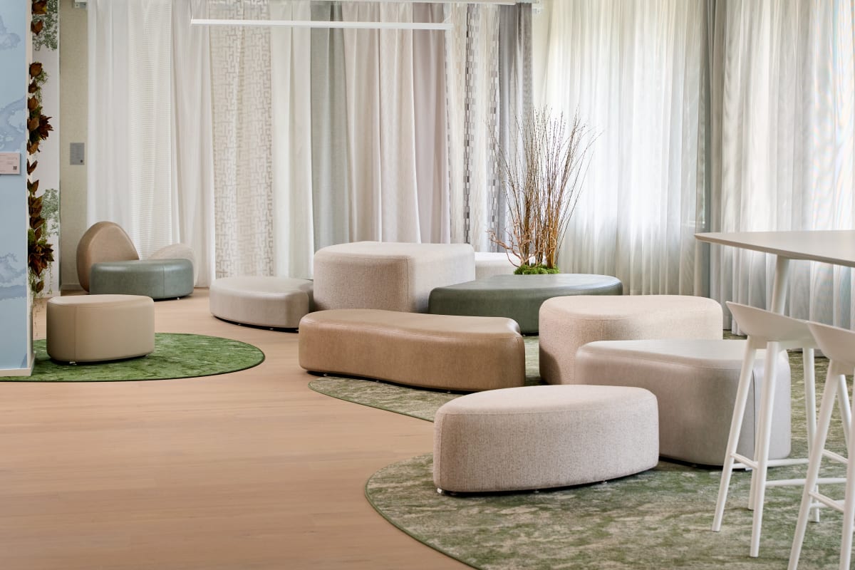 Terraleather and Terrapebble upholstered stone stools in Chicago Momentum showroom