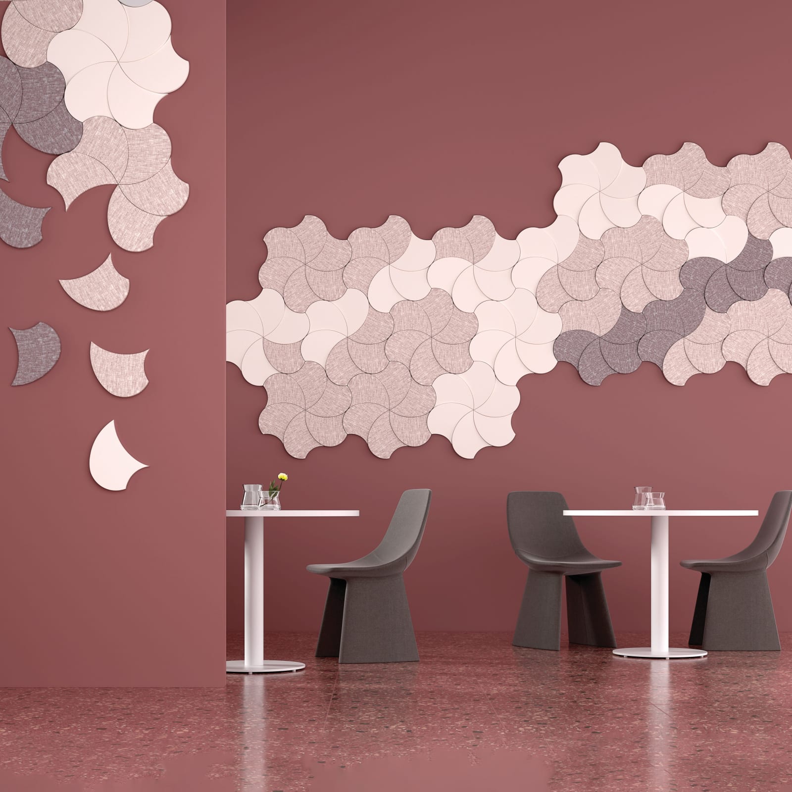Momentum's Pindrop acoustic line, featured in Architectural Products, blends striking design with effective sound absorption.