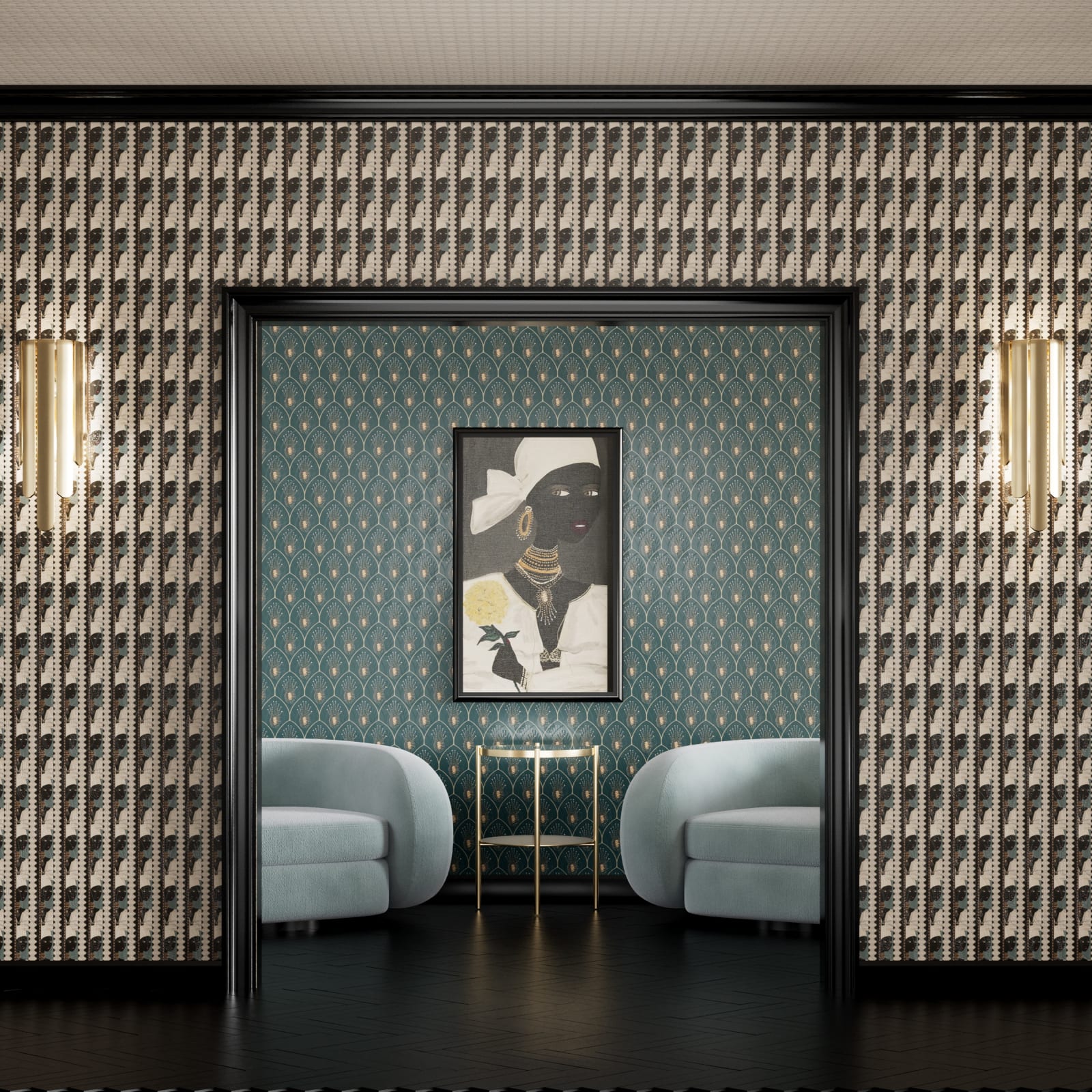 Rebecca Moses' wallcoverings with Momentum, featured in Interior Design, blend artistry and storytelling through vibrant, expressive patterns.