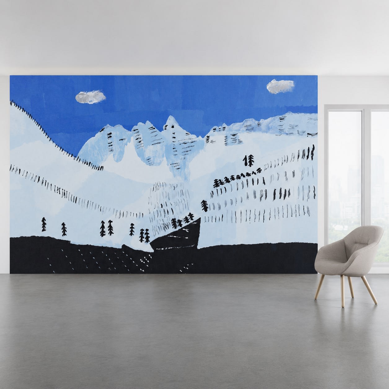 Install scene of Snowcapped Mountains, a nature-inspired digital wallcovering pattern with art by Carl Clark.