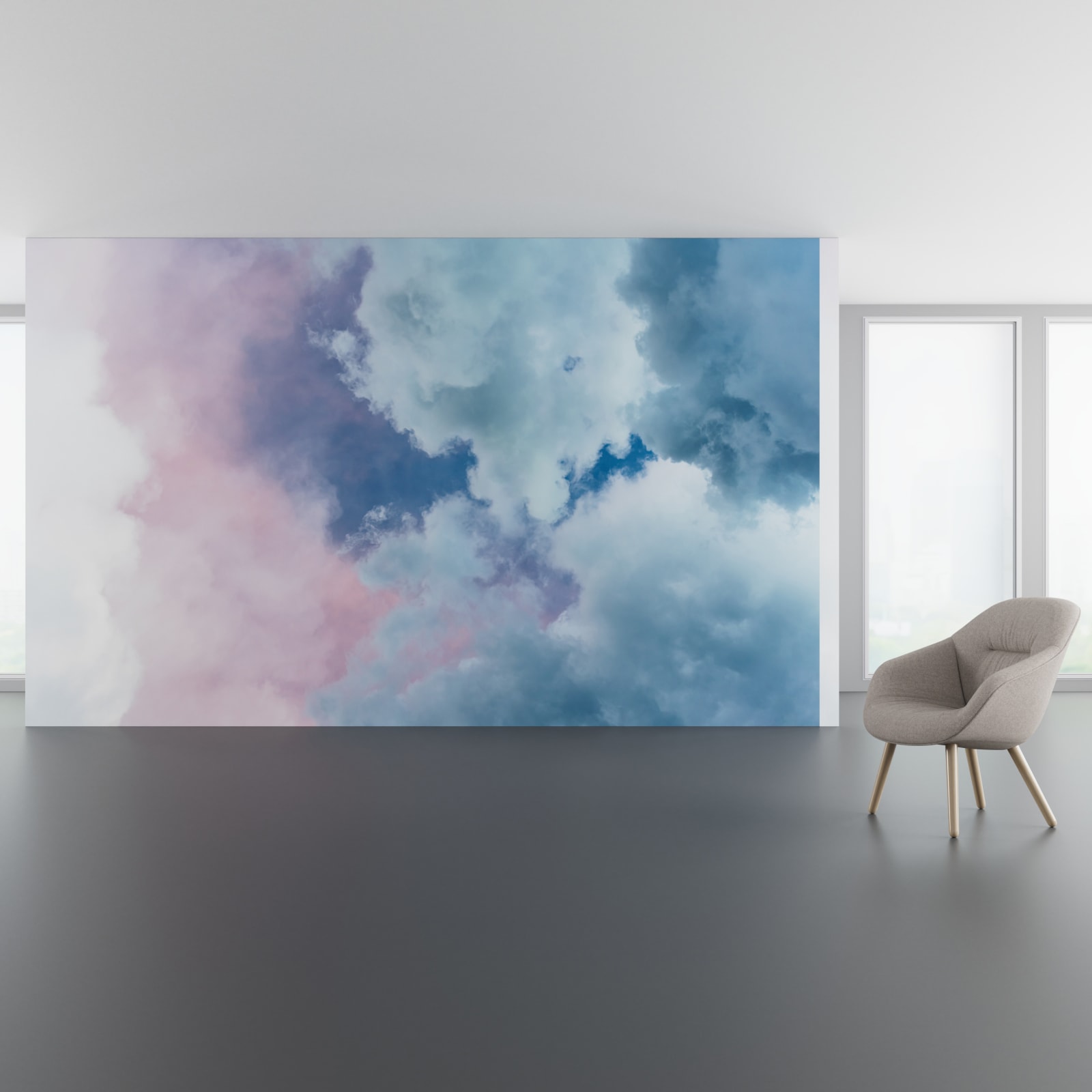 Install scene of Cotton Candy Evening, a photographic digital art wallcovering pattern.
