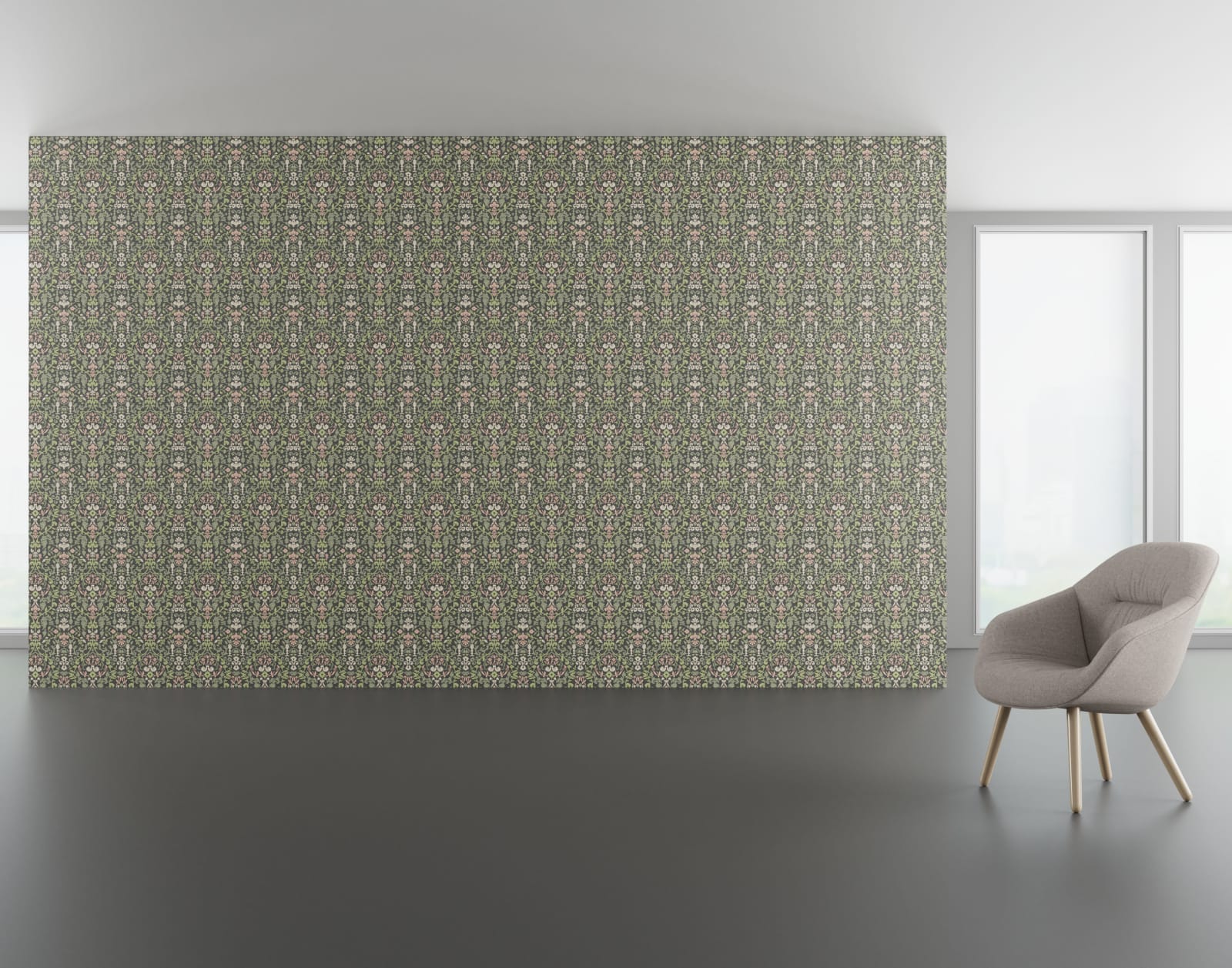 Install scene of Empress Melange, a traditional digital art wallcovering pattern.