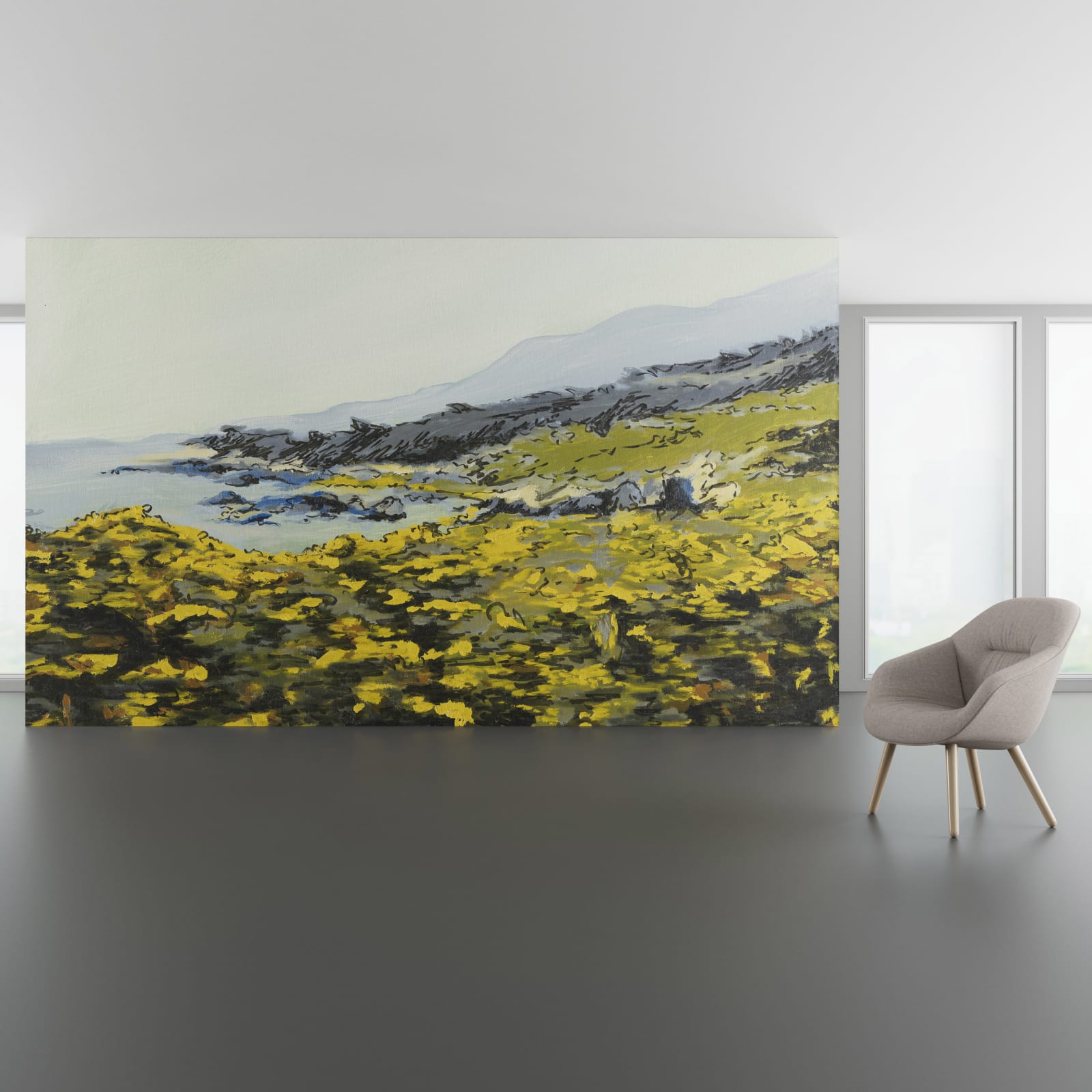 Install scene of Golden Coast, a nature-inspired digital art wallcovering pattern.
