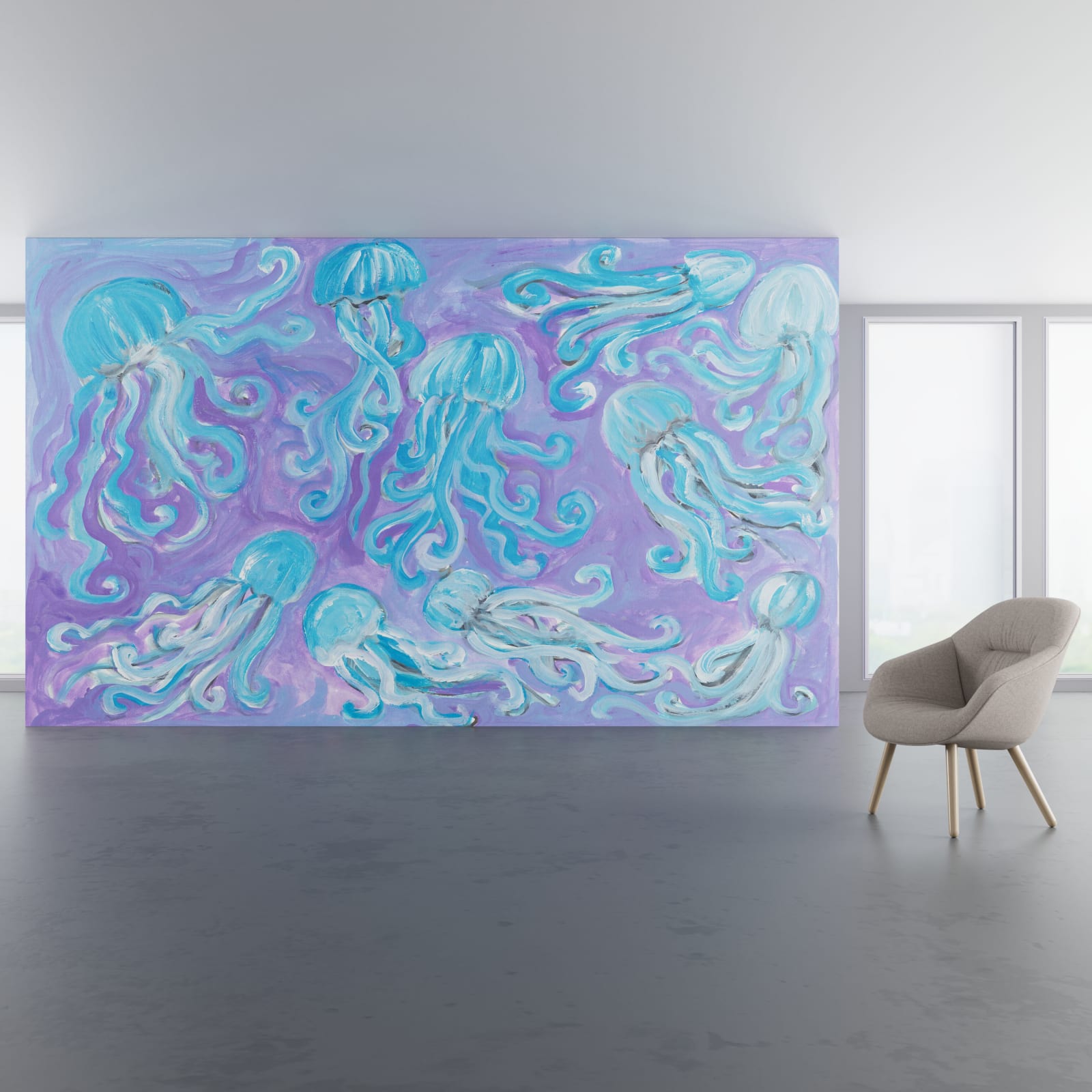 Install scene of The Jellyfish Waltz, a novelty digital art wallcovering pattern designed by Rebecca Moses.
