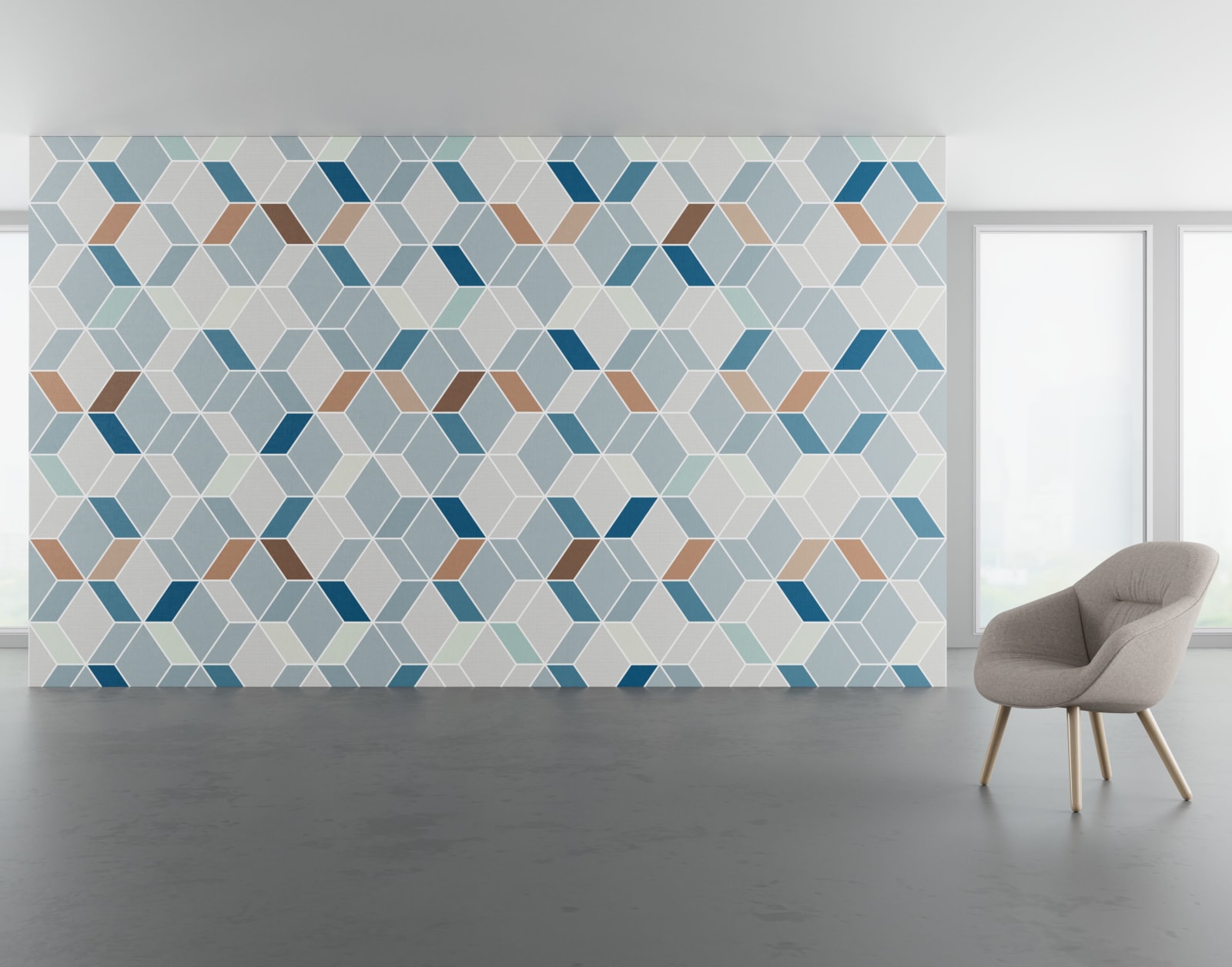 Install scene of Kepler DL, a contemporary digital art wallcovering pattern, also available as a textile.