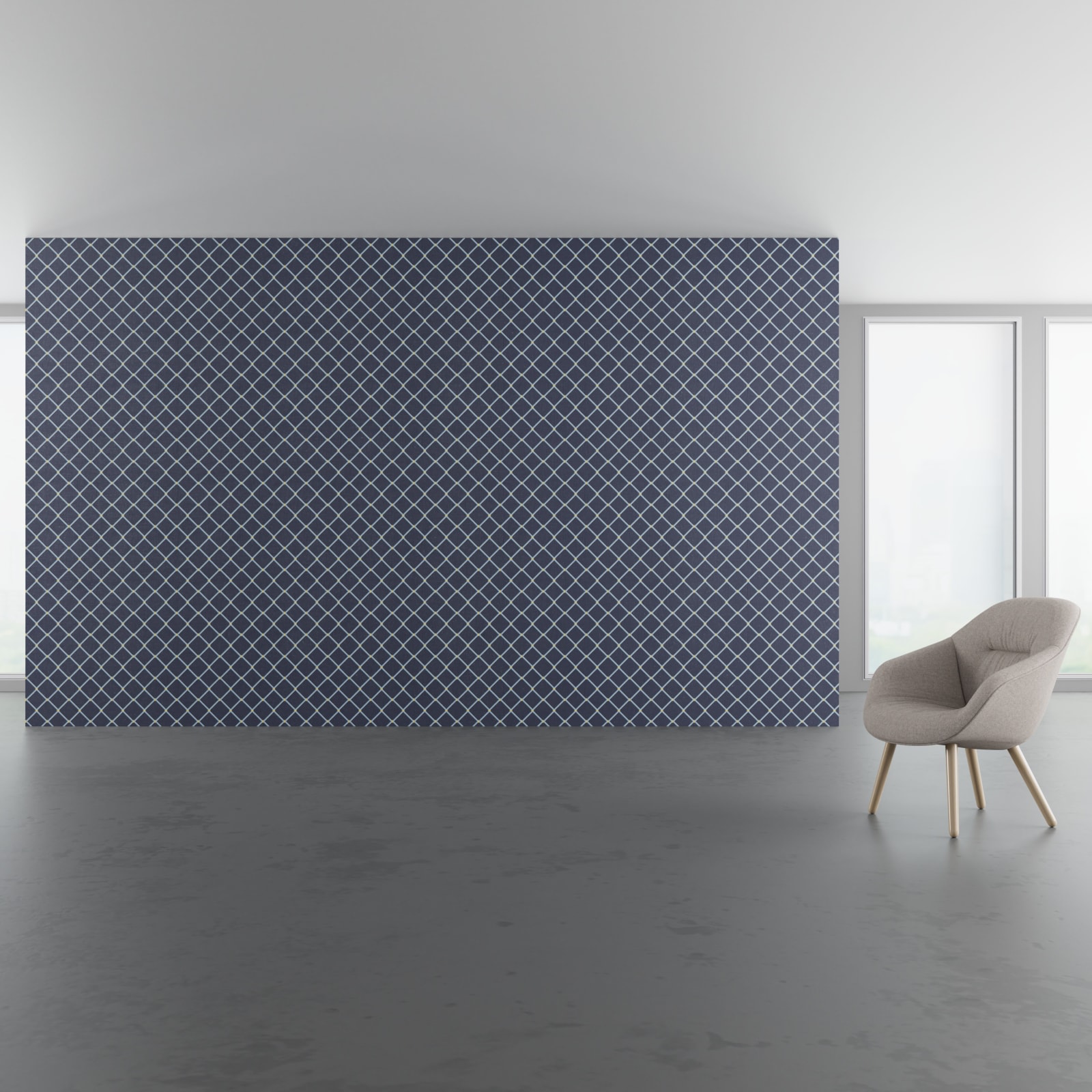 Install scene of Lisse Trelliage, a traditional digital art wallcovering pattern.