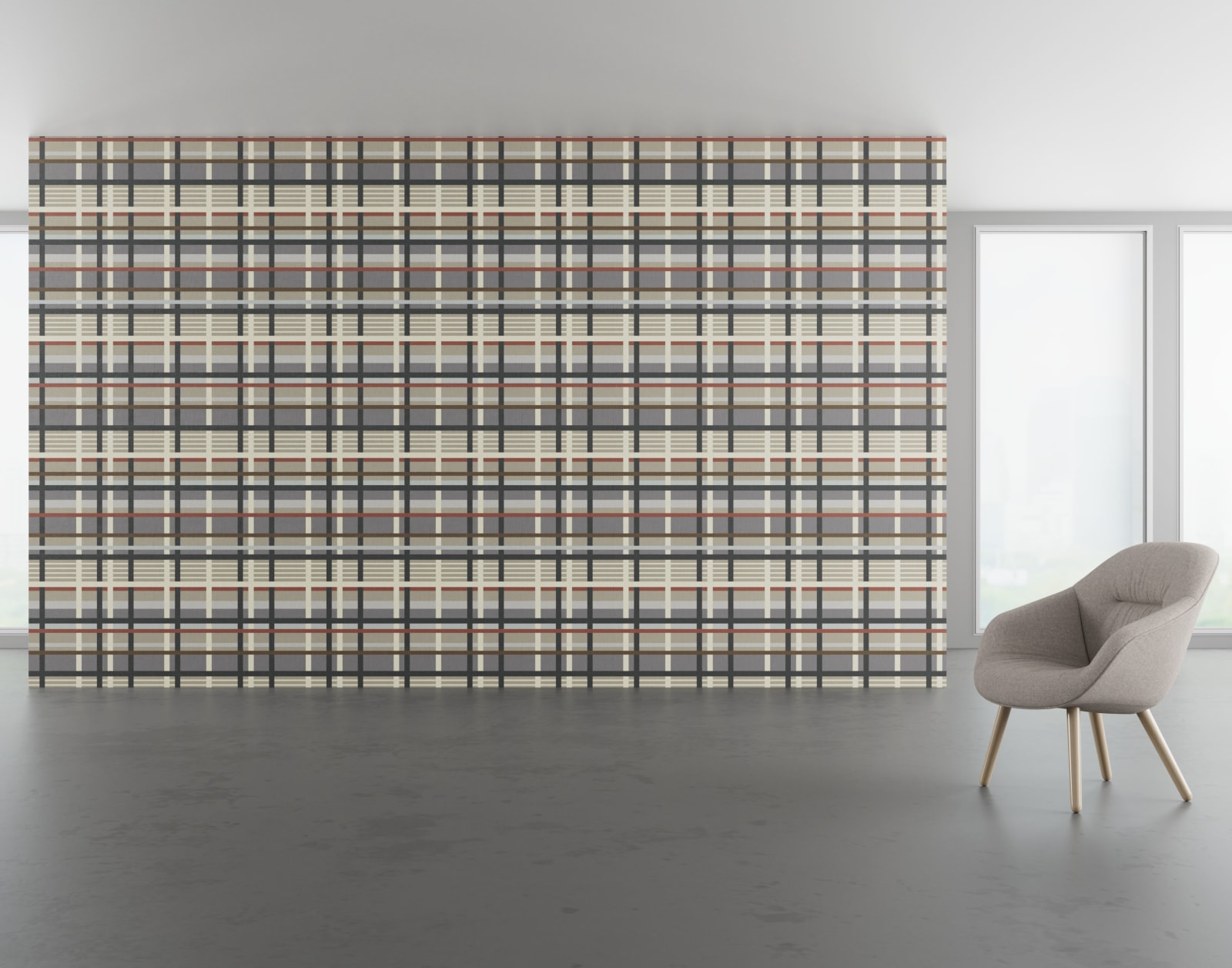 Install scene of Modern Plaid DL, a traditional digital art wallcovering pattern, also available as a textile.