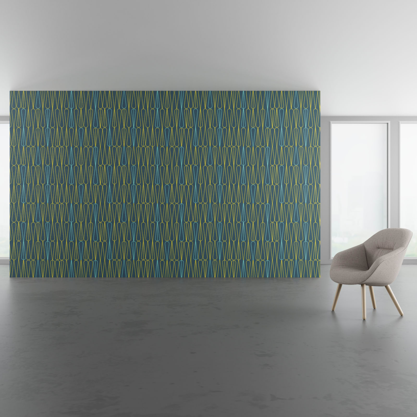 Install scene of Parachute DL, a contemporary digital art wallcovering pattern, also available as a textile.