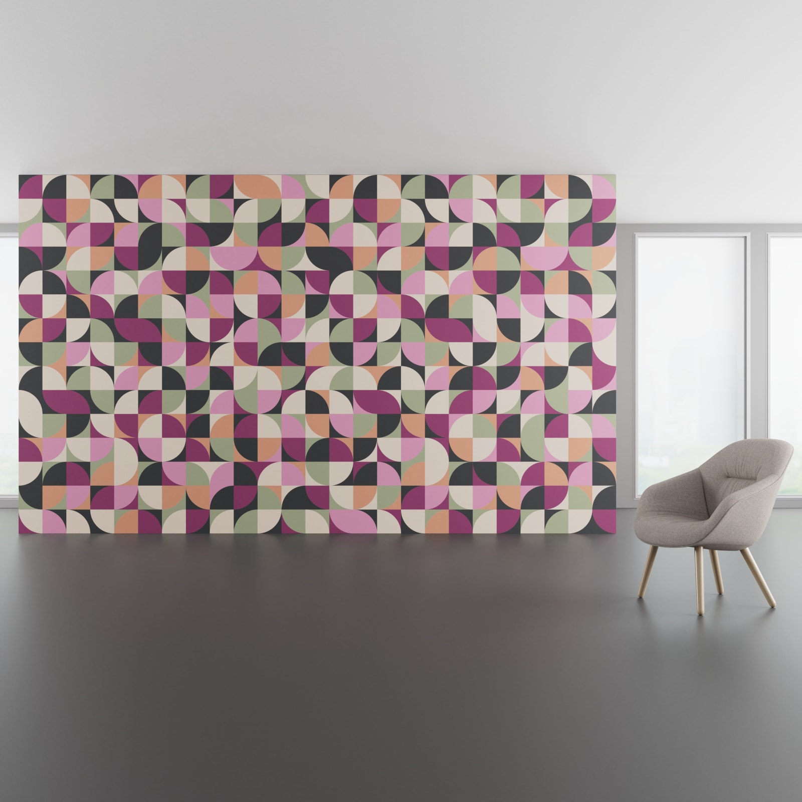 Install scene of Shifting Shapes, a contemporary digital art wallcovering pattern.