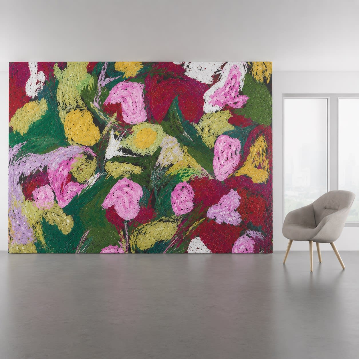 Install scene of Tulips, a nature-inspired digital art wallcovering pattern with artwork by Bill Crane.