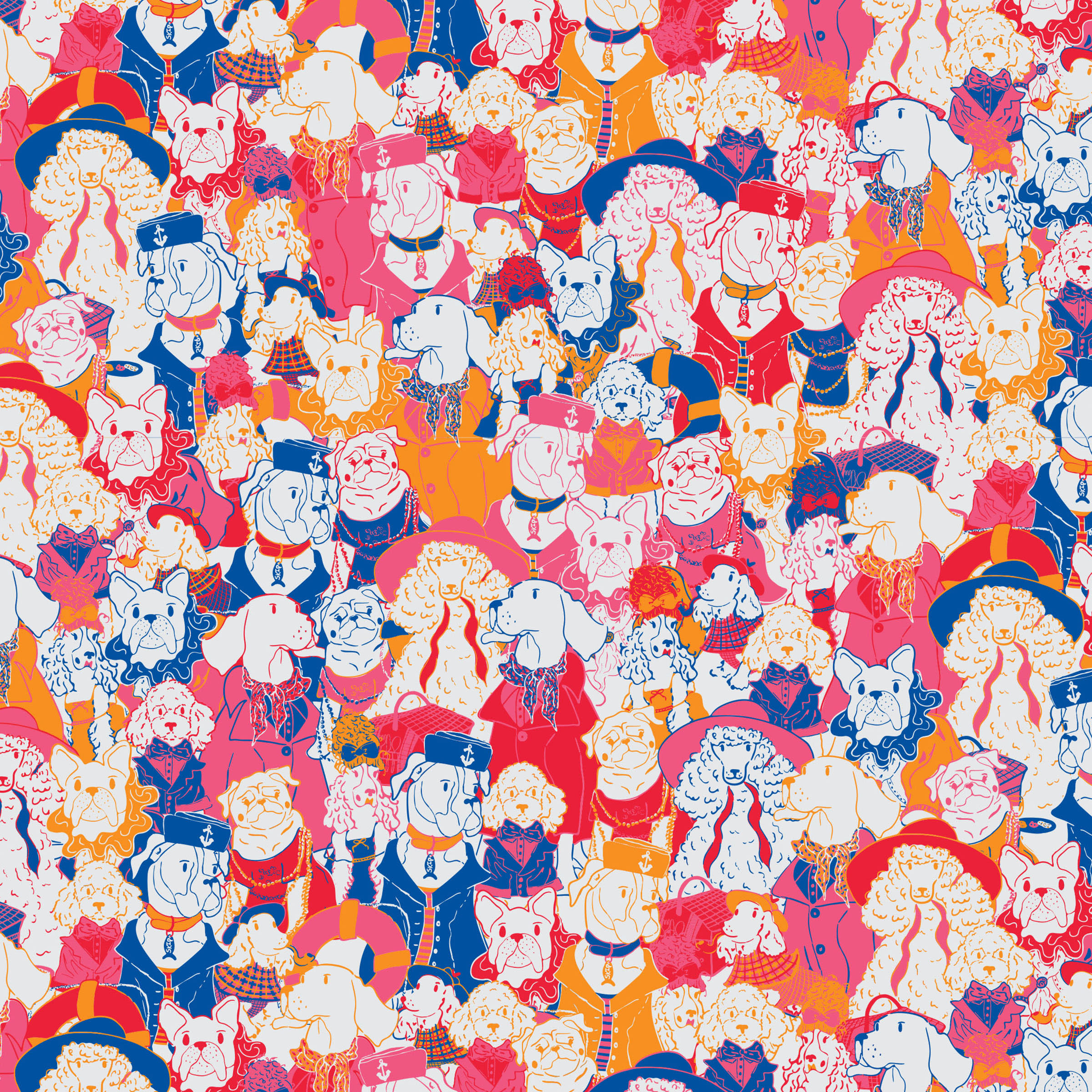 Epic Haute Dogs swatch: a novelty digital art wallcovering customizable by scale, color, and more.