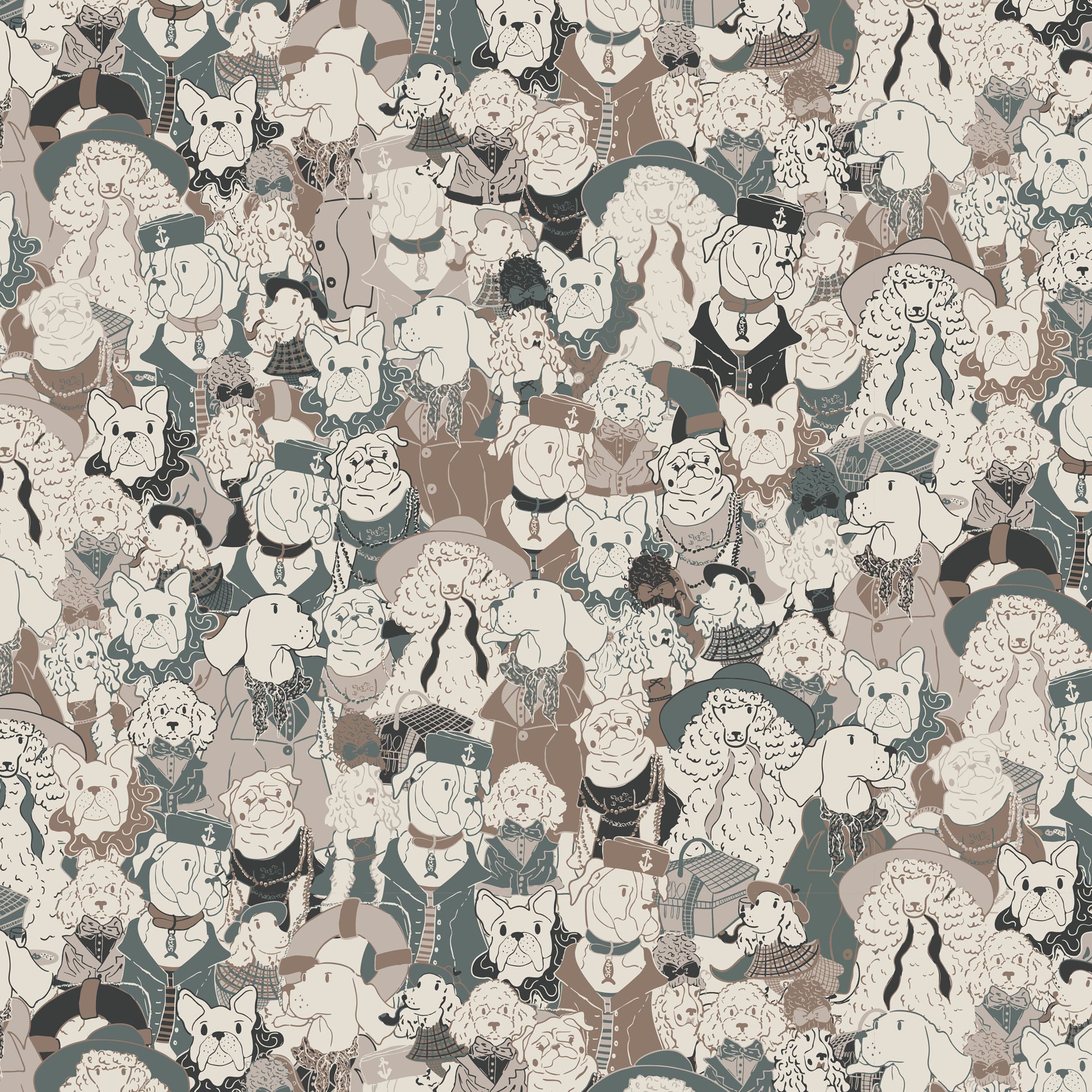 Haute Dogs swatch: a novelty digital art wallcovering customizable by scale, color, and more, also available in bright Epic pre-made colorway.