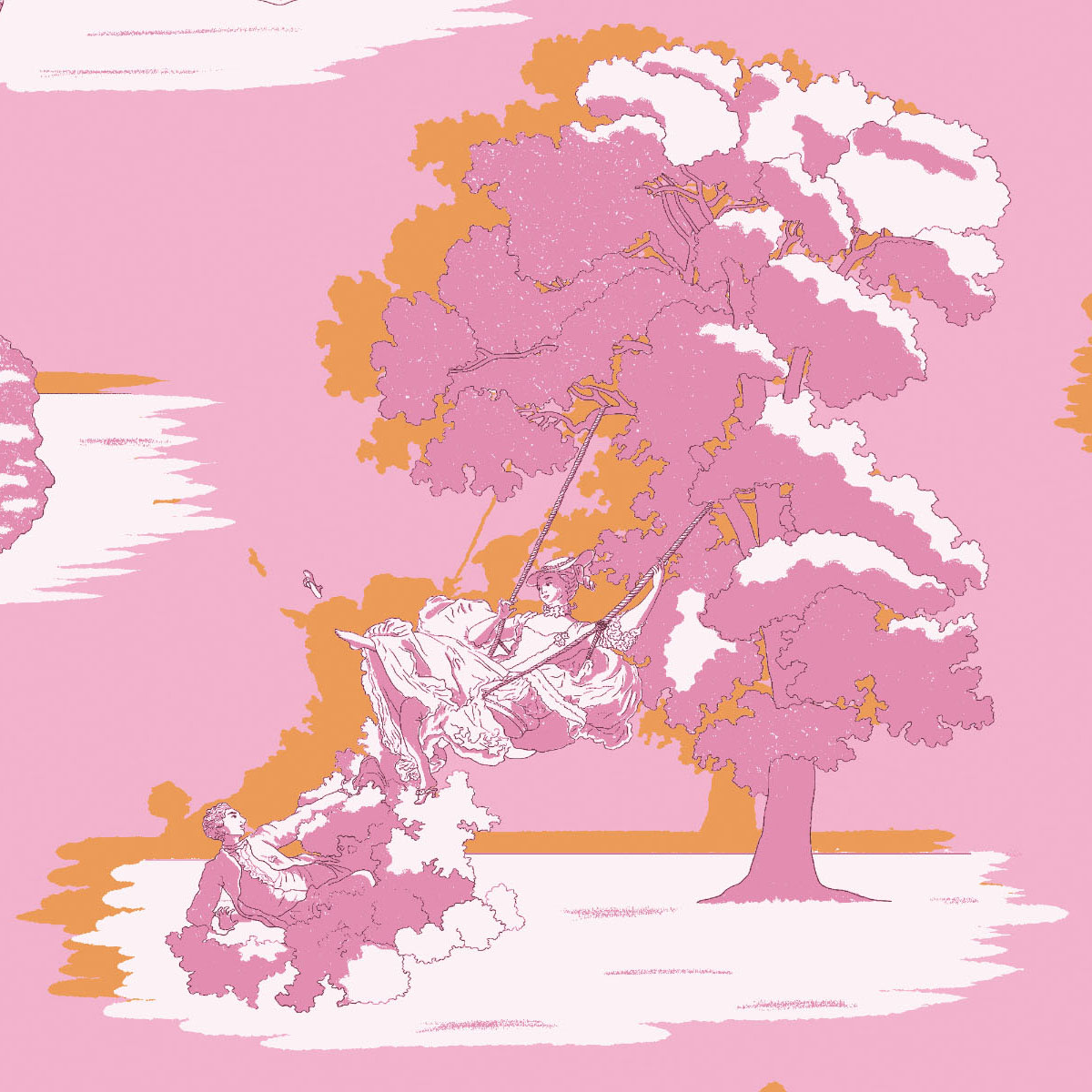 Rococo Toile swatch: a novelty digital art wallcovering customizable by scale, color, and more.