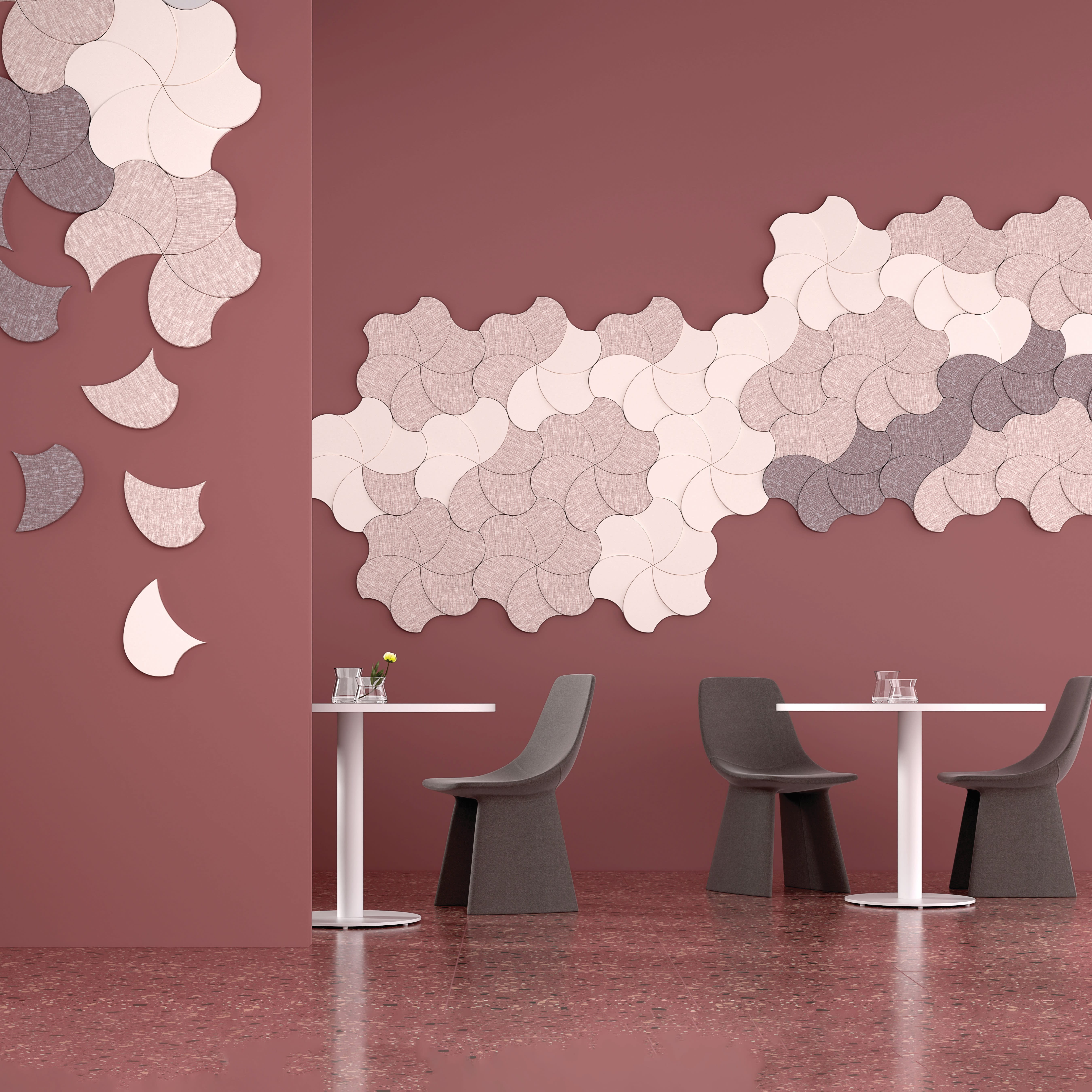 Momentum's Pindrop acoustic line, featured in Architectural Products, blends striking design with effective sound absorption.