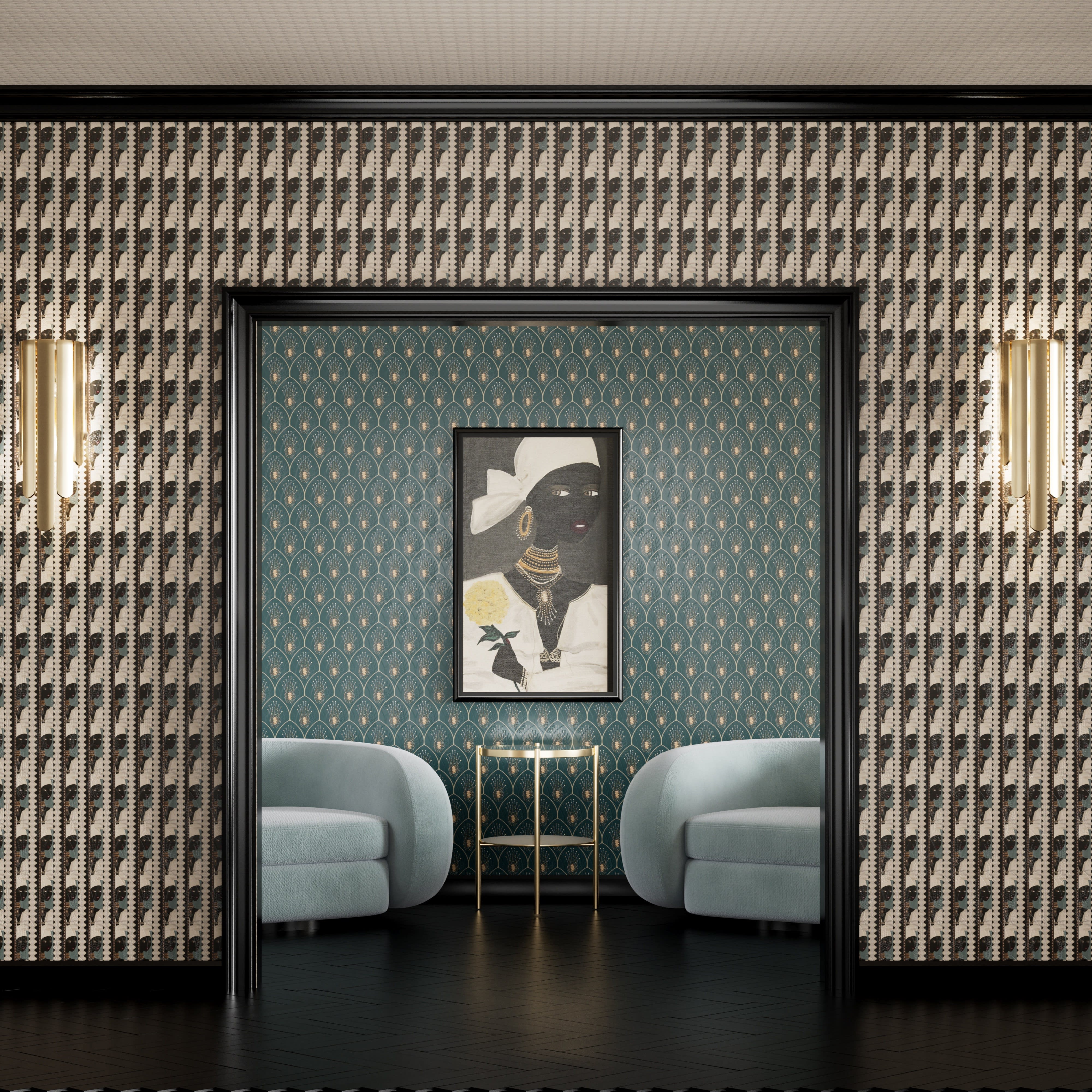 Rebecca Moses' wallcoverings with Momentum, featured in Interior Design, blend artistry and storytelling through vibrant, expressive patterns.