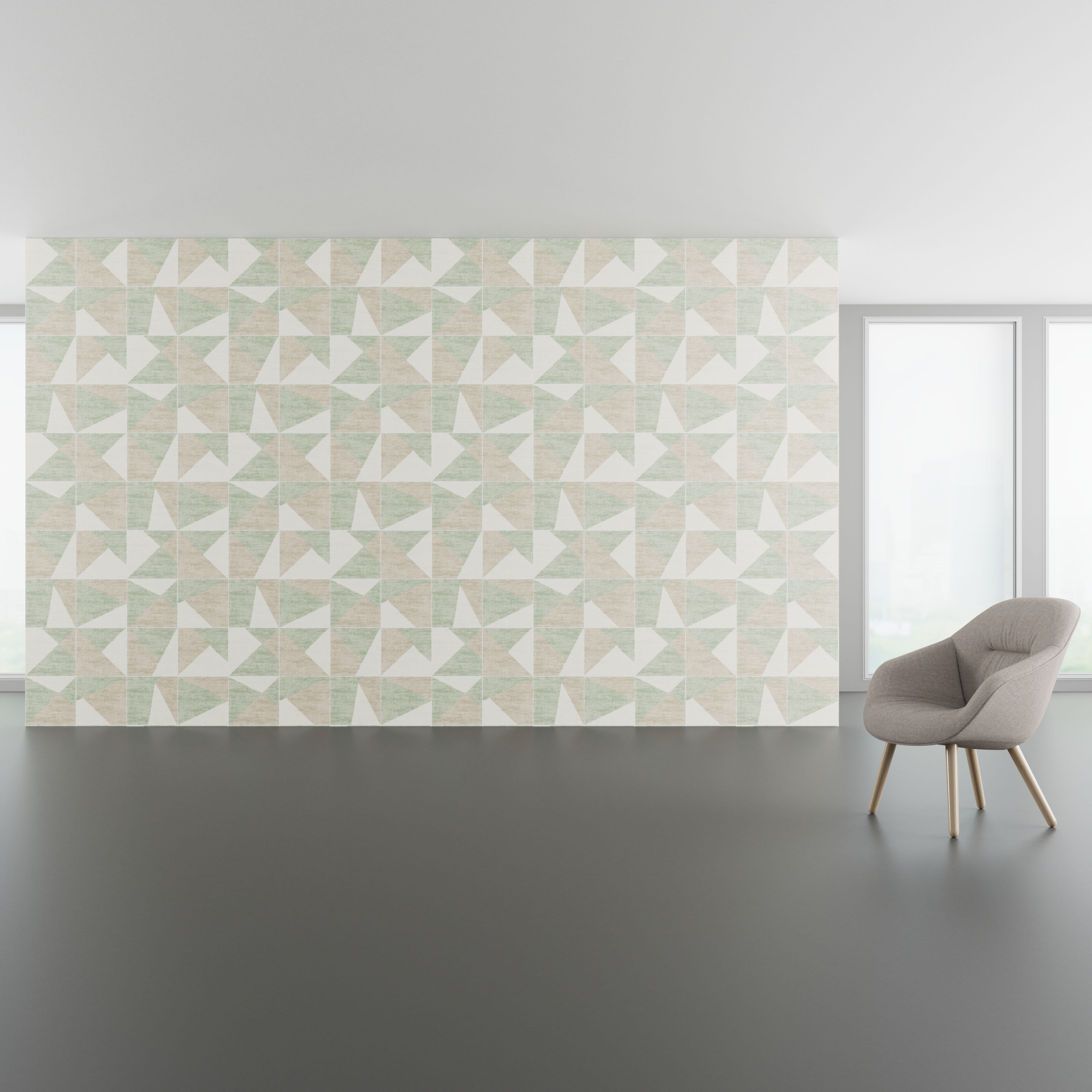 Install scene of Angle Play, a nature-inspired digital art wallcovering pattern.