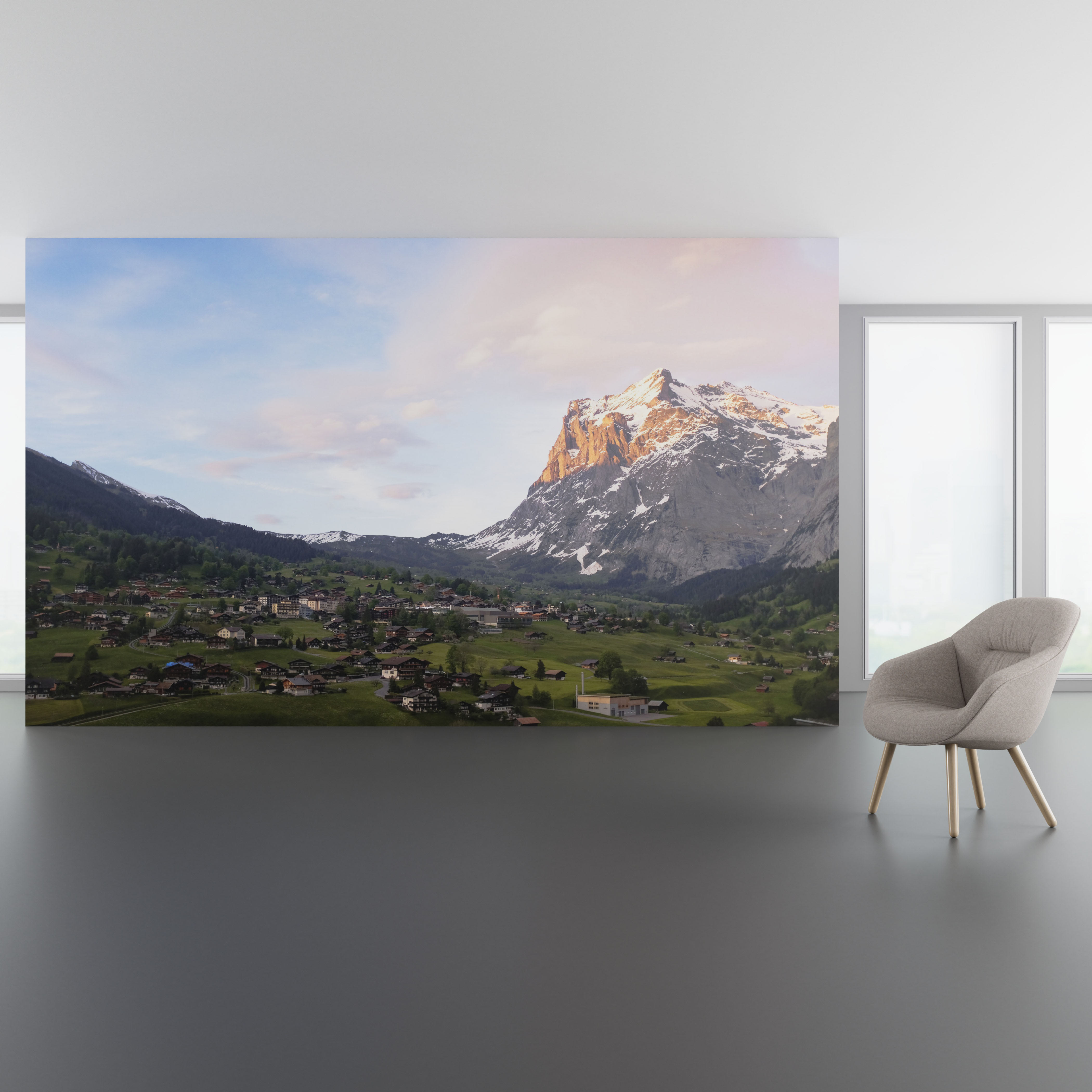 Install scene of Ascent, a digital art wallcovering pattern featuring mountain photography.