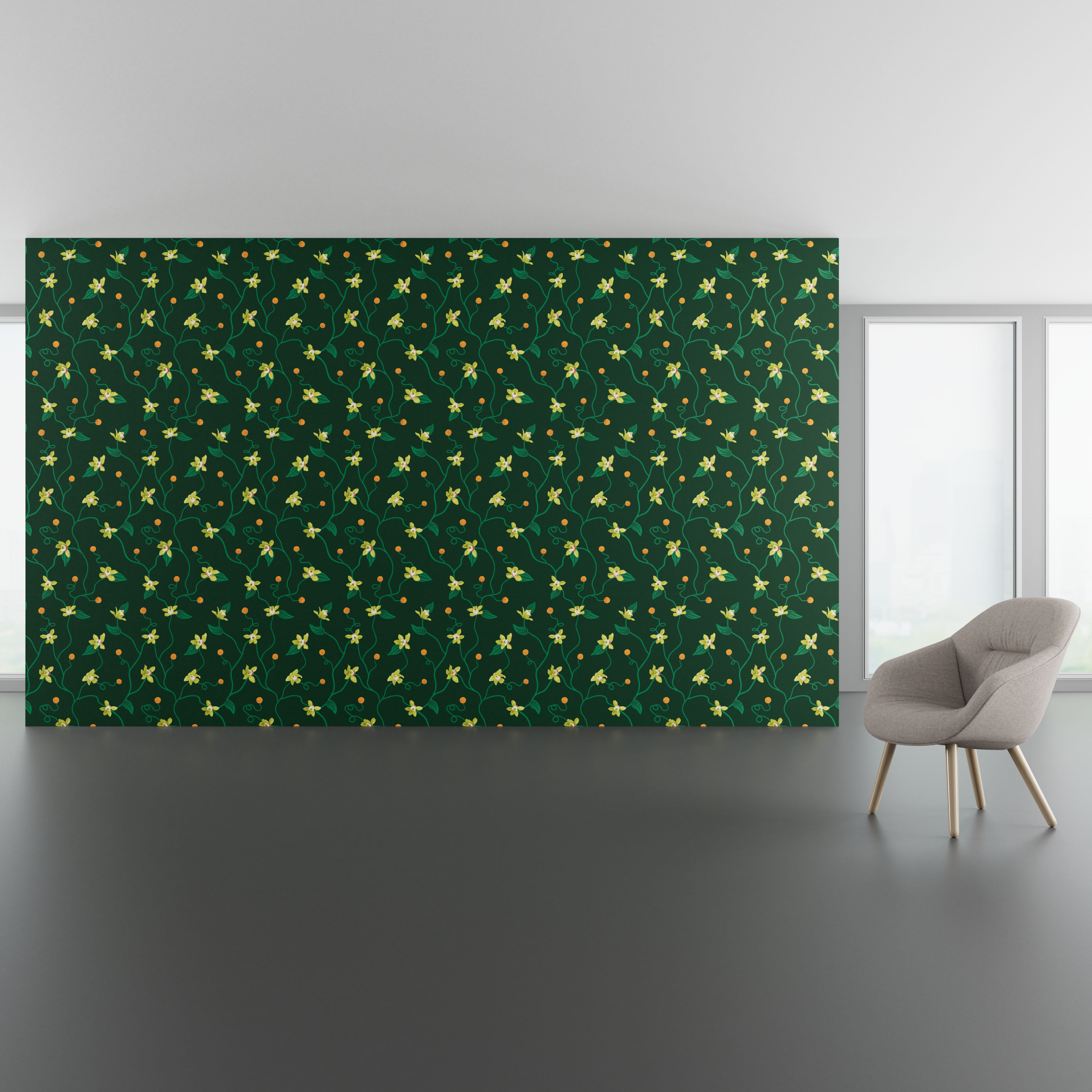 Install scene of Bloomscape, a nature-inspired digital art wallcovering pattern.