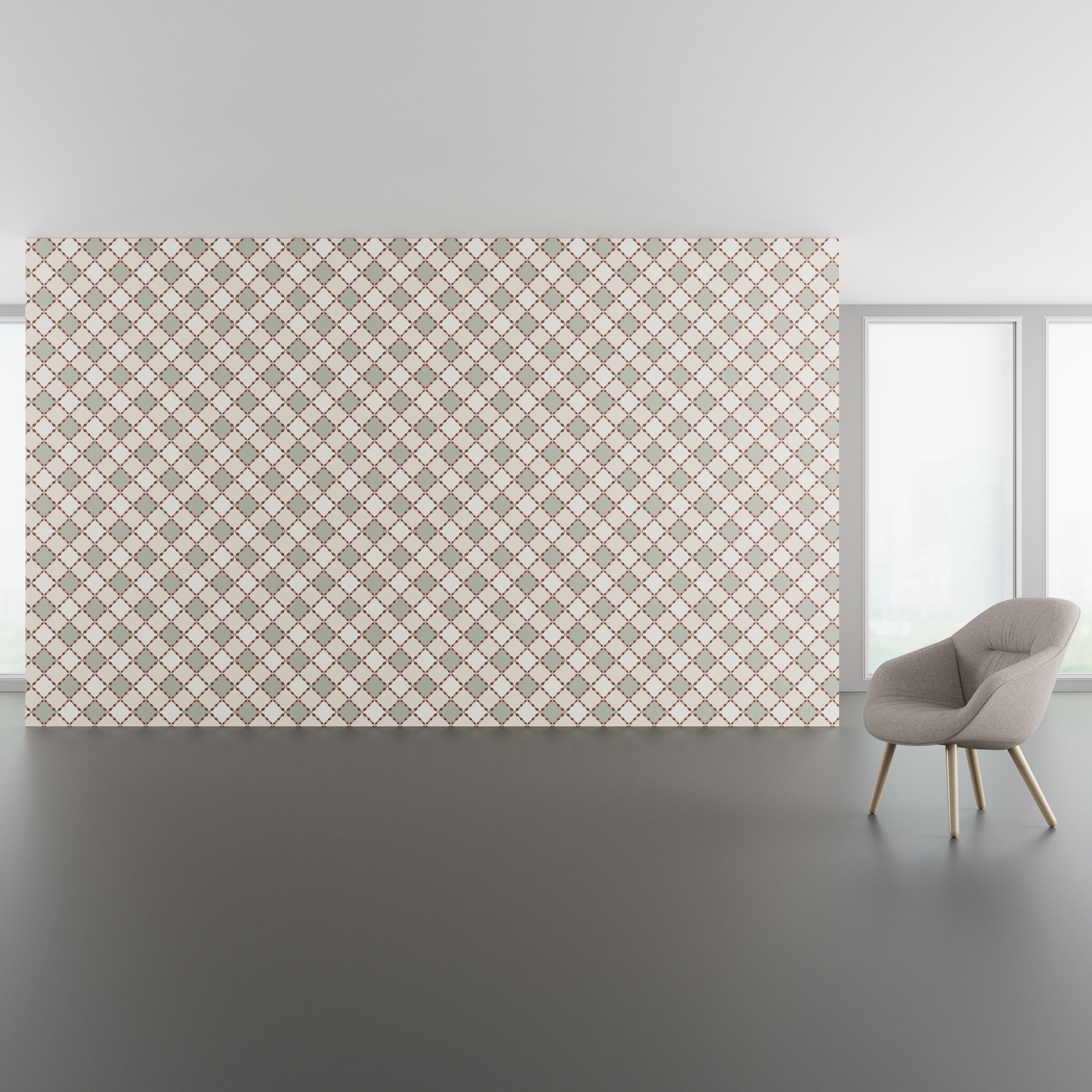 Install scene of Cottage Modern, a traditional digital art wallcovering pattern, also available as a textile.