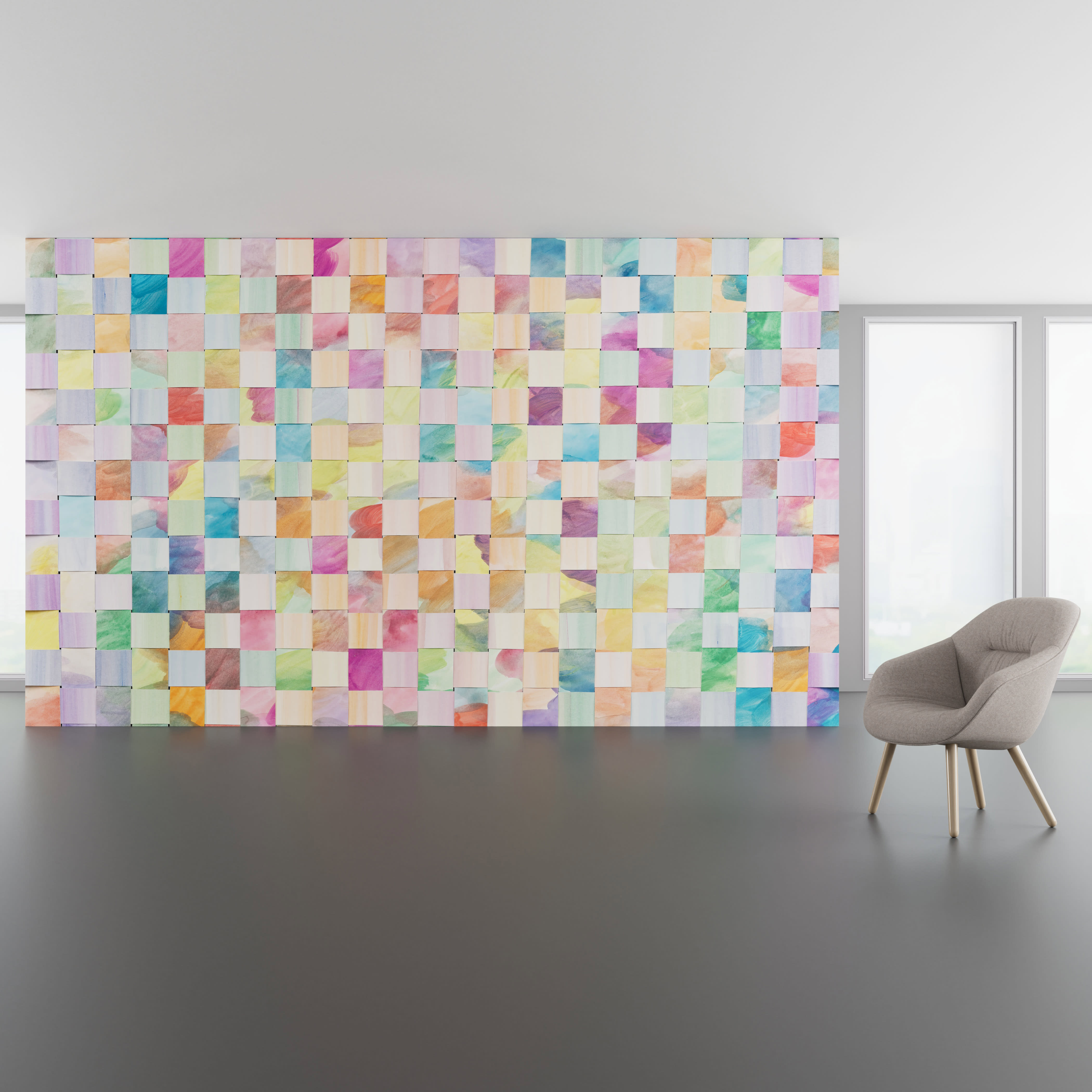 Install scene of Interlaced, a novelty digital art wallcovering pattern.