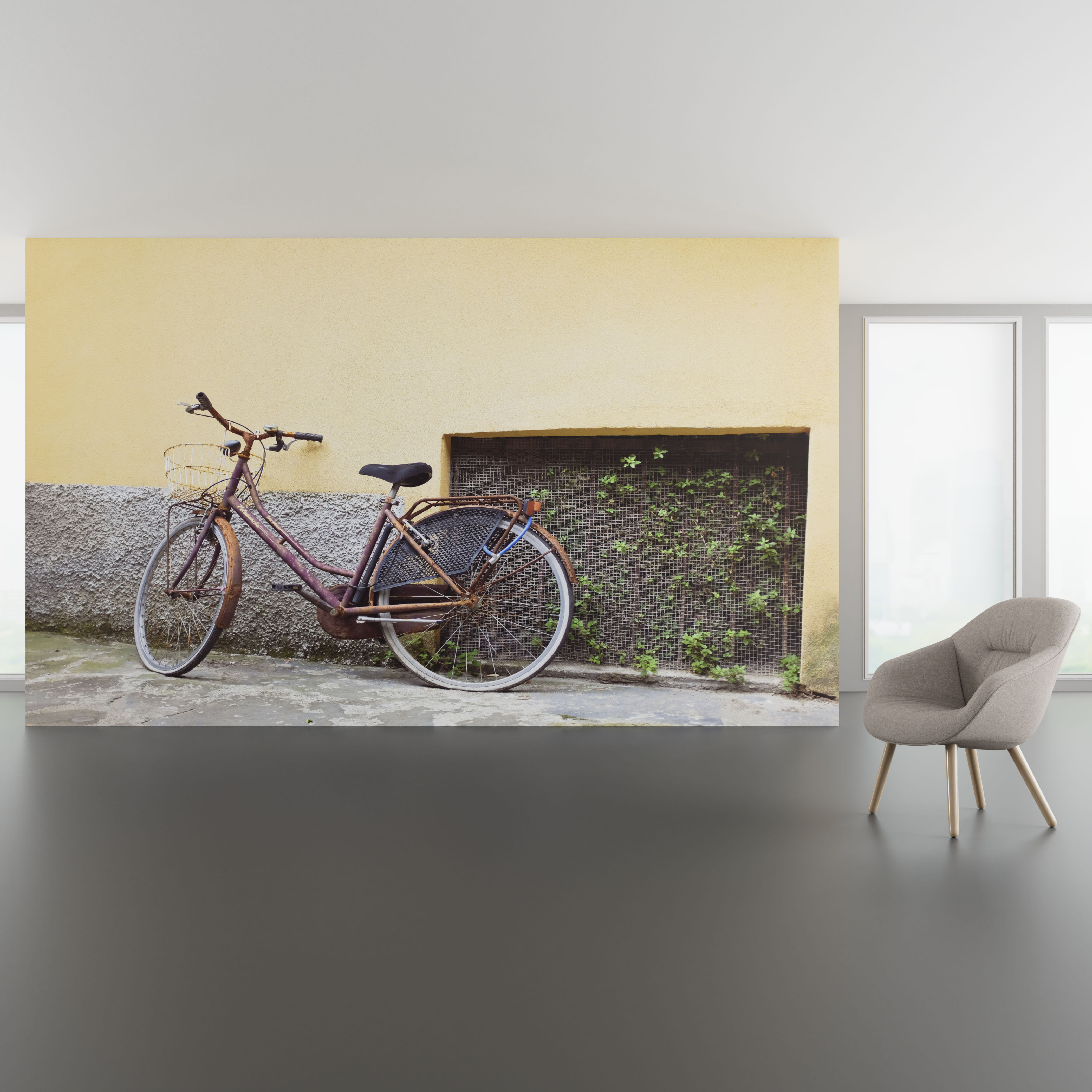 Install scene of Joyride, a digital art wallcovering pattern featuring photography of a retro bike.