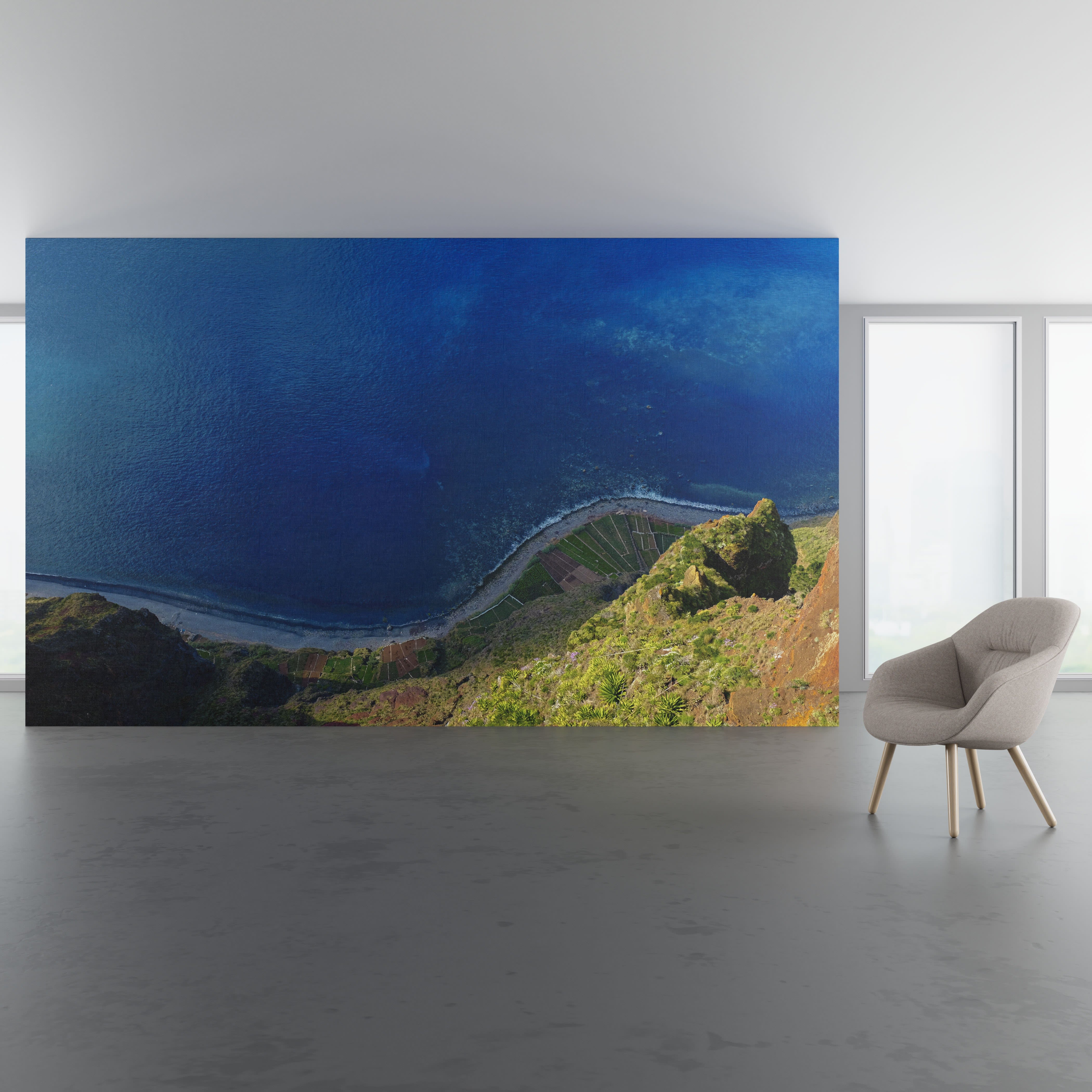 Install scene of Madeira, a digital art wallcovering pattern featuring  photography of this archipelago situated in the North Atlantic Ocean.