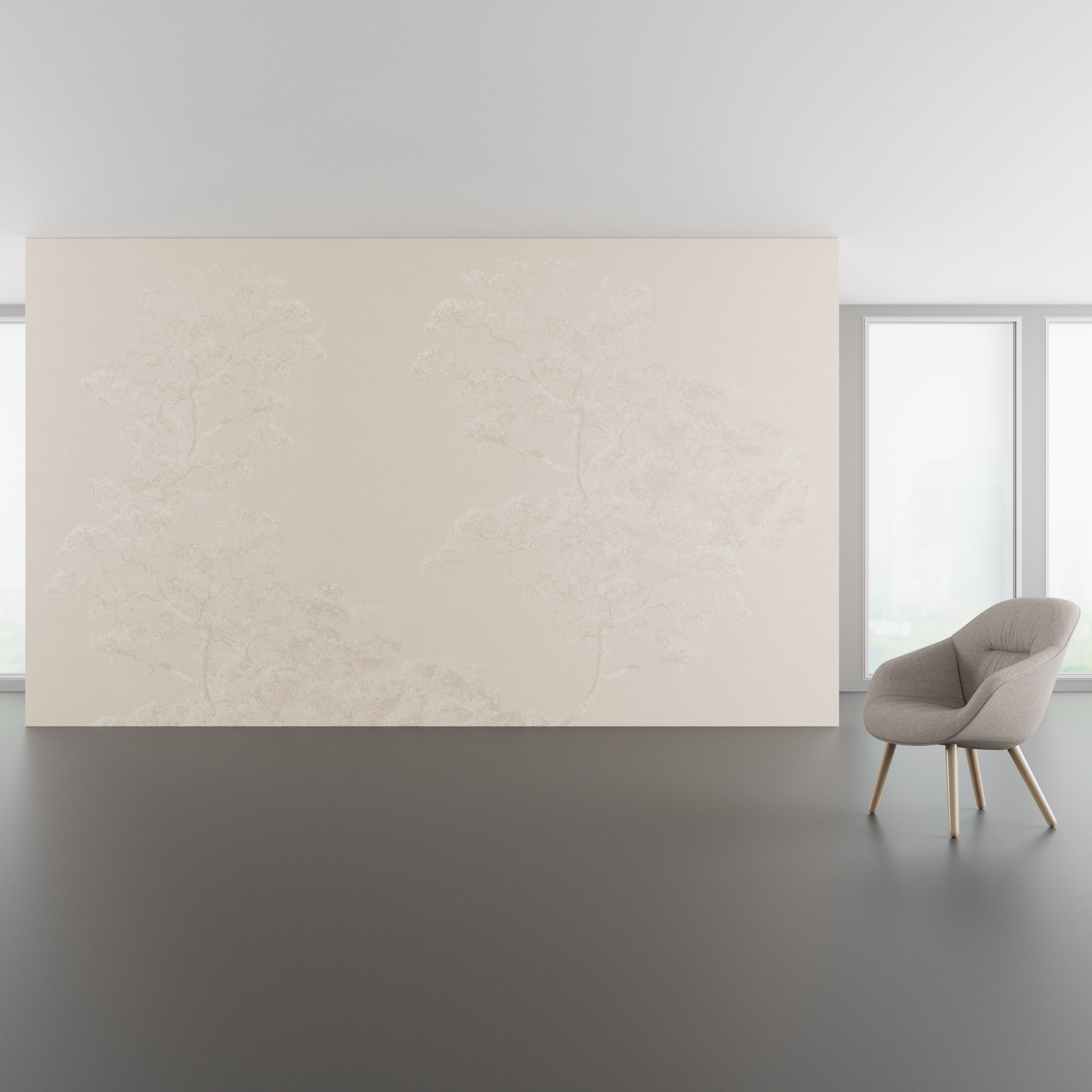 Install scene of Matsu, a nature-inspired digital art wallcovering pattern.