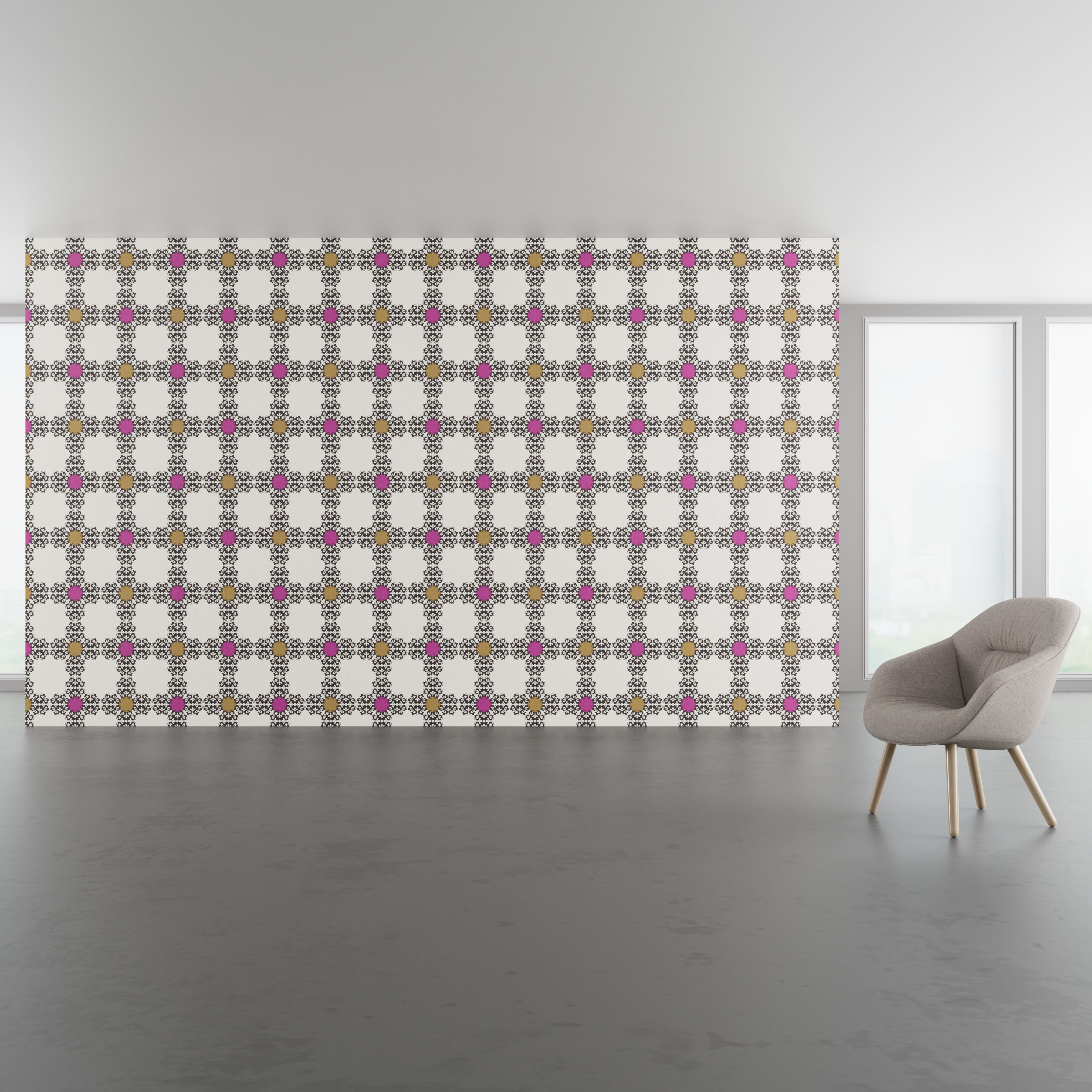 Install scene of Medallion Grid, a traditional digital art wallcovering pattern.