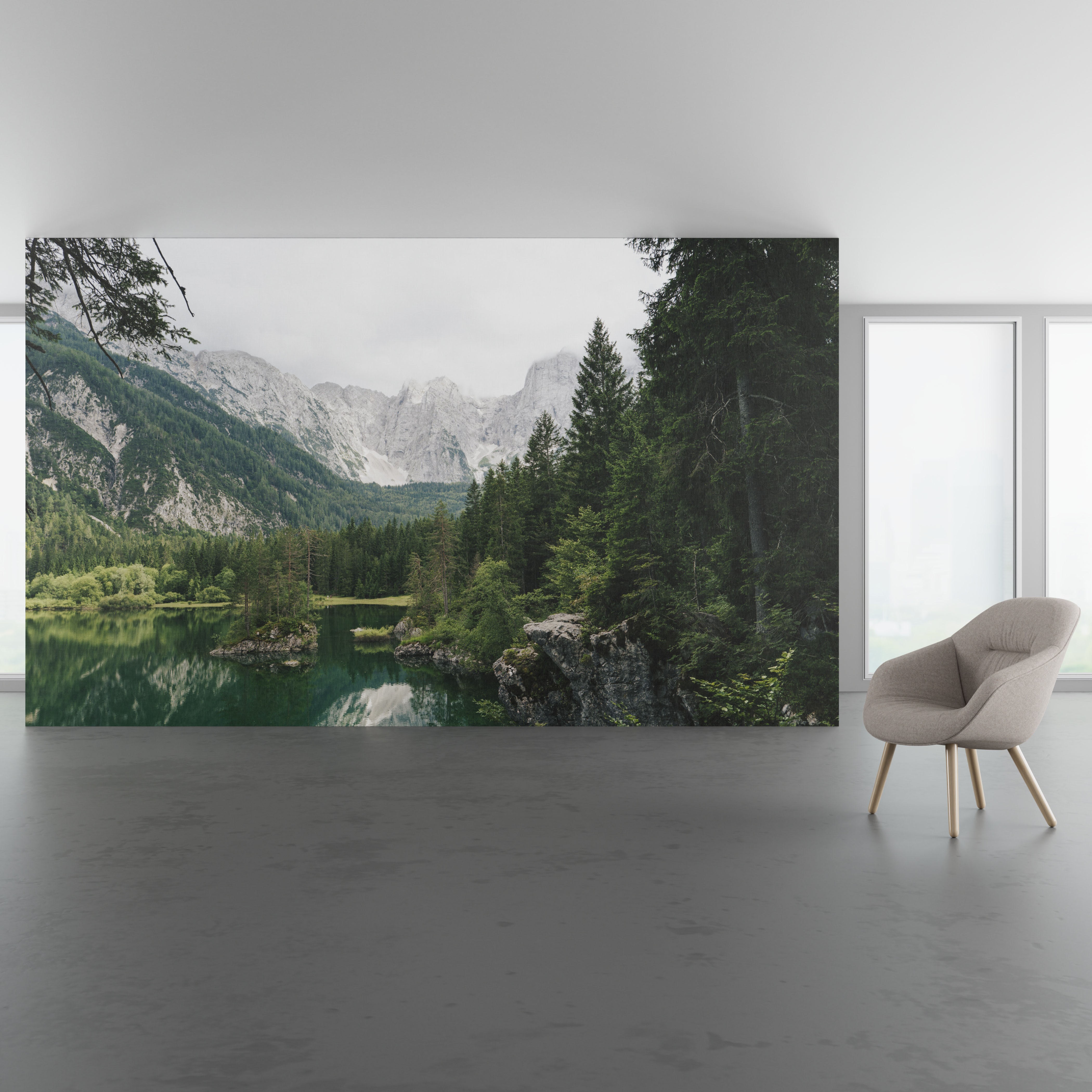 Install scene of Montani, a digital art wallcovering pattern featuring mountain landscape photography.