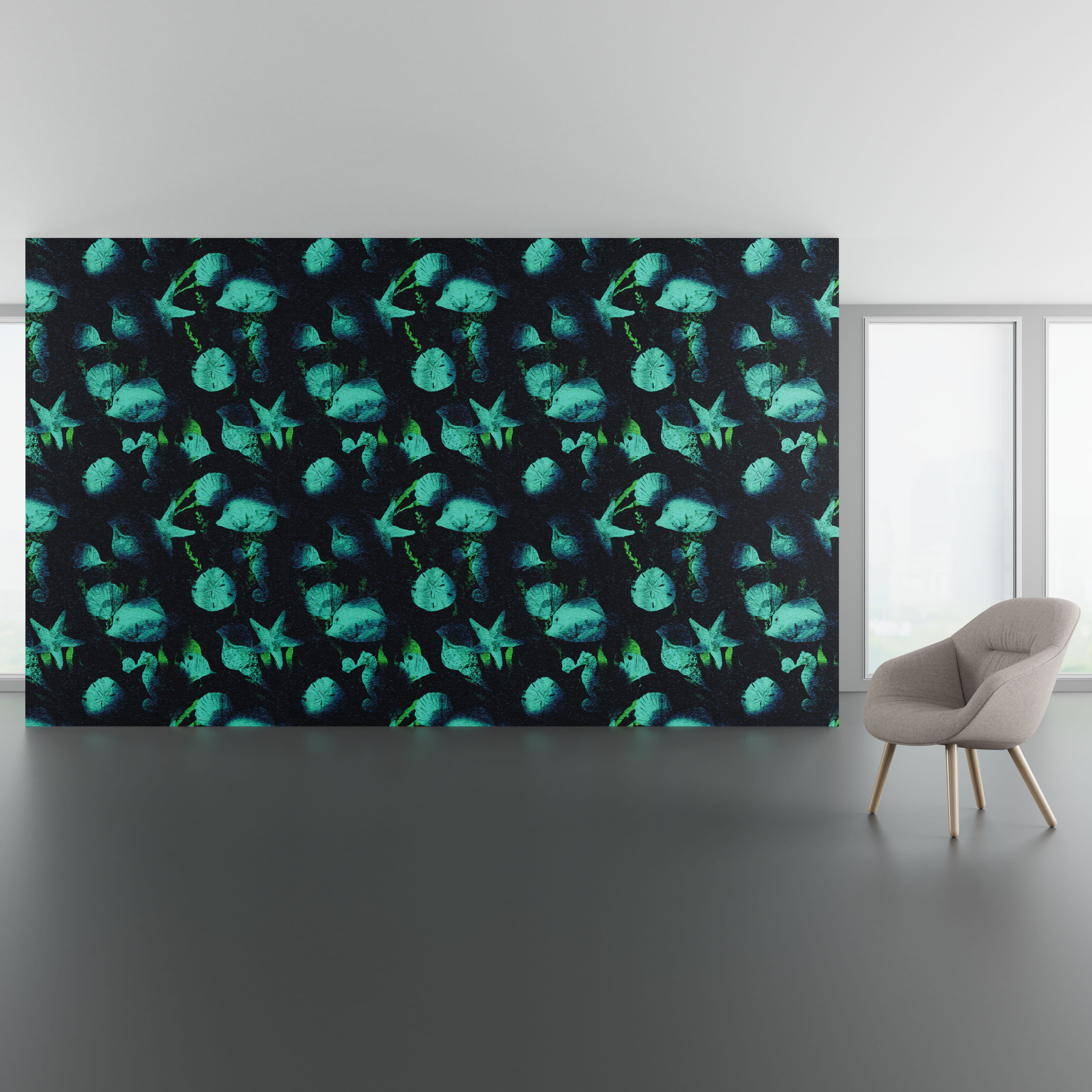 Install scene of Neptune's Meadow, a nature-inspired digital art wallcovering pattern.