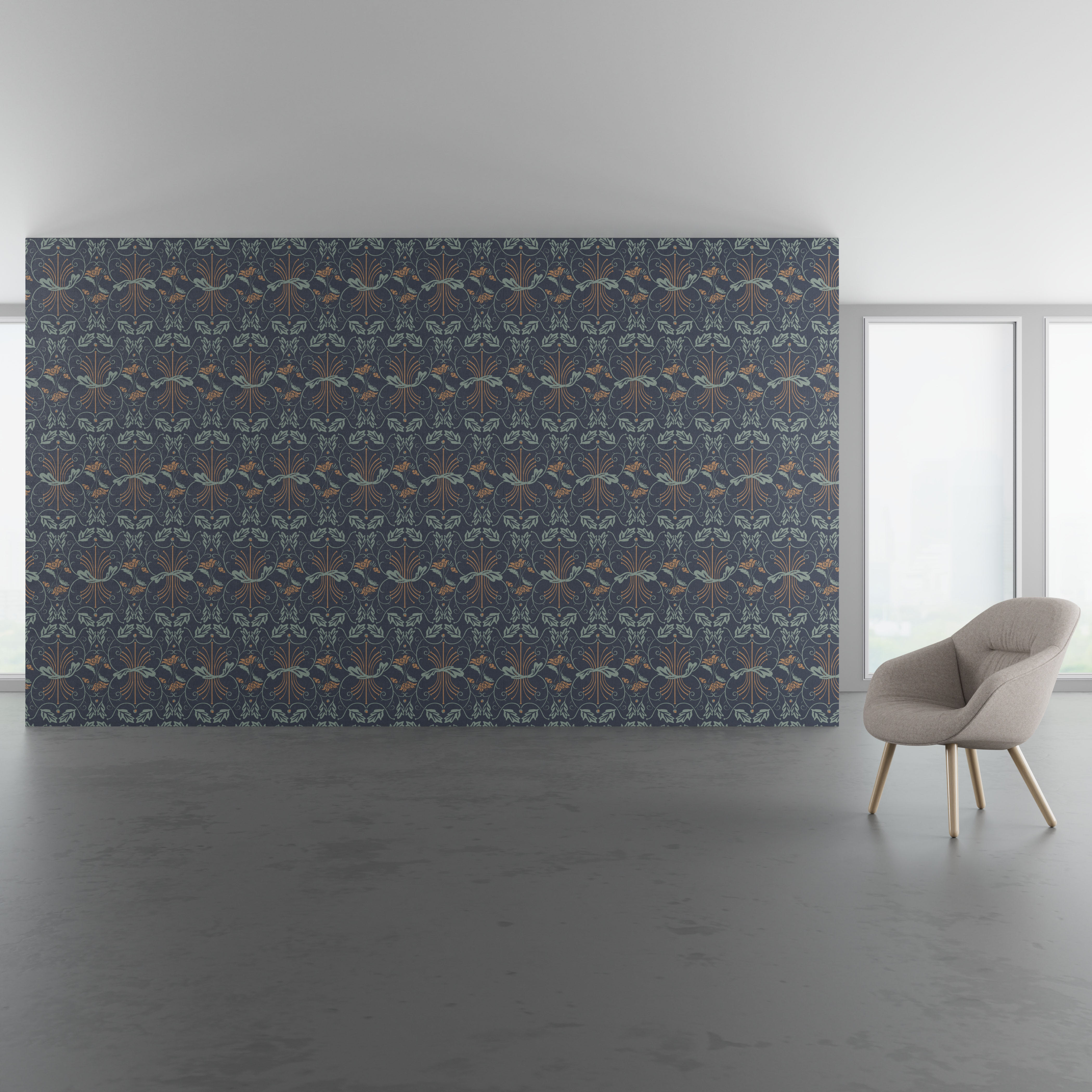 Install scene of Oakleaf Damask, a nature-inspired digital art wallcovering pattern.