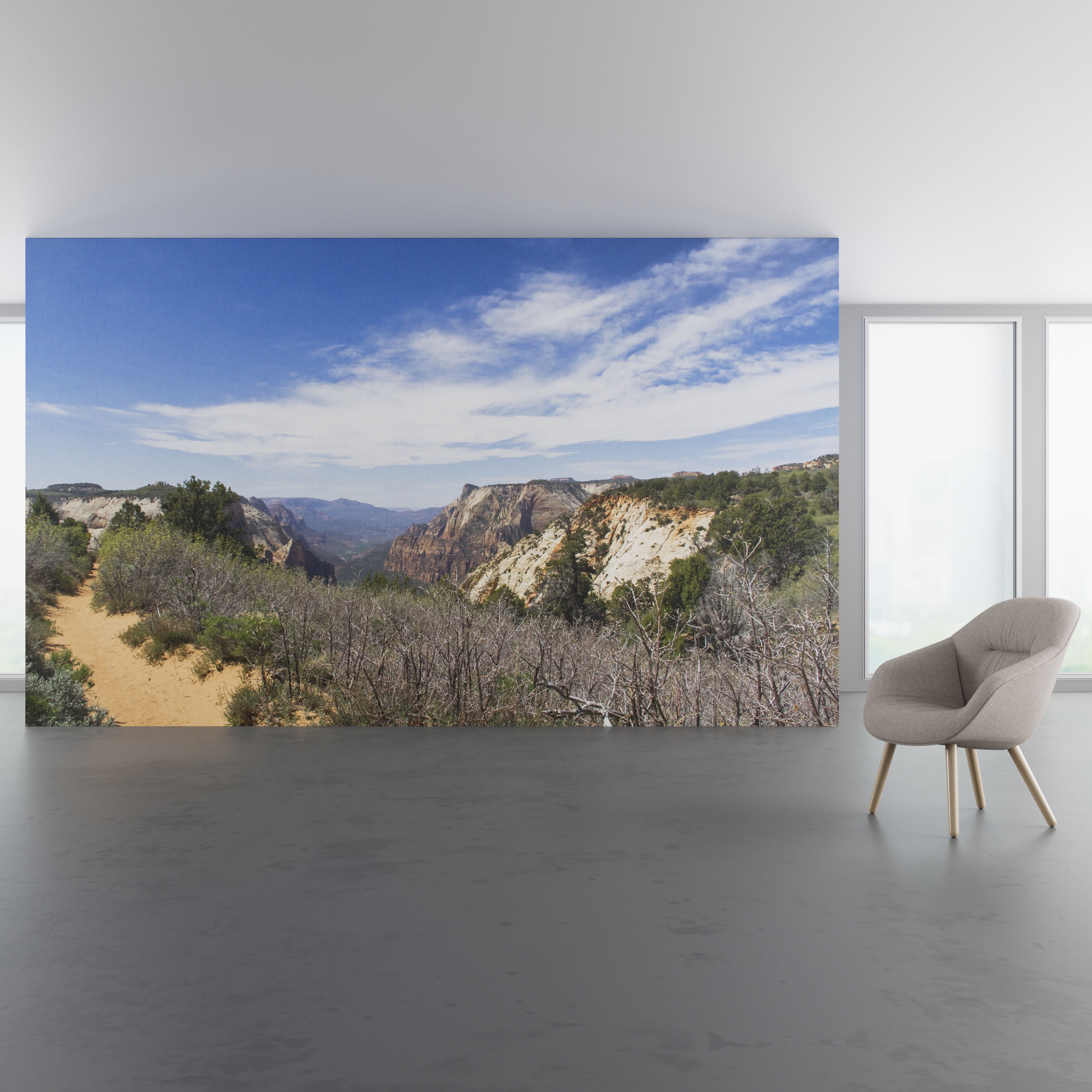 Install scene of Observation Point, a digital art wallcovering pattern featuring mountain photography.