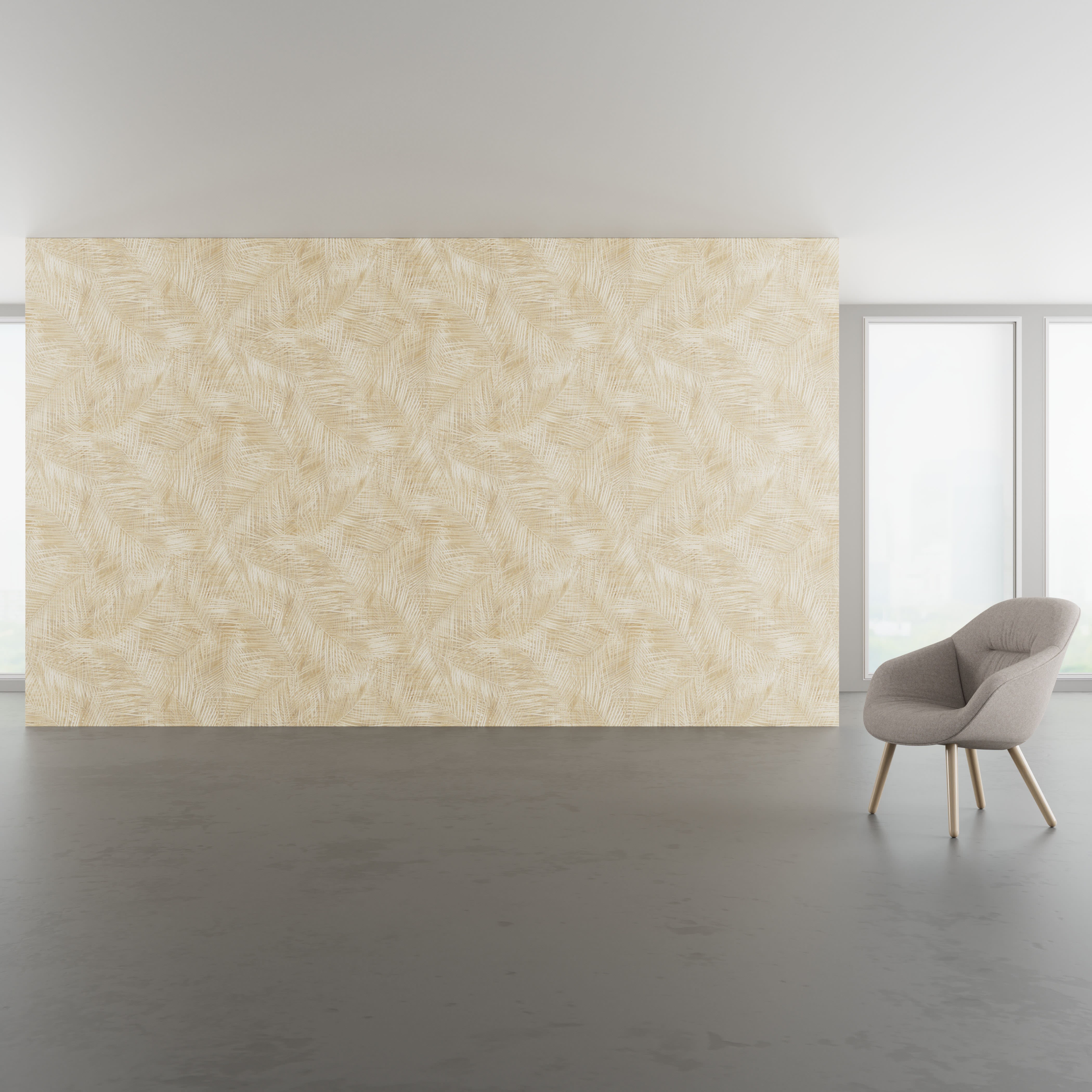Install scene of Palm Retreat, a nature-inspired digital art wallcovering pattern.