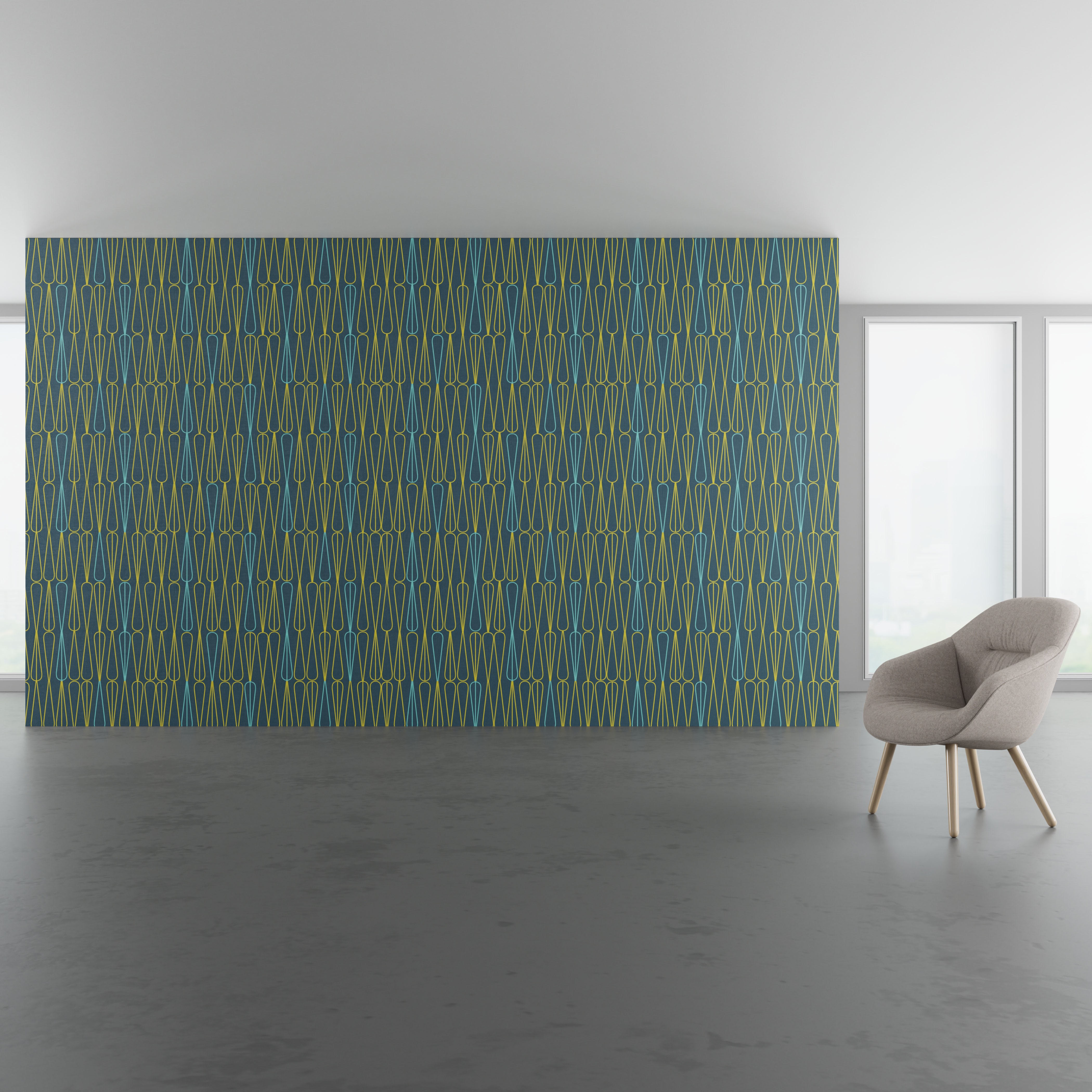 Install scene of Parachute WC, a contemporary digital art wallcovering pattern, also available as a textile.