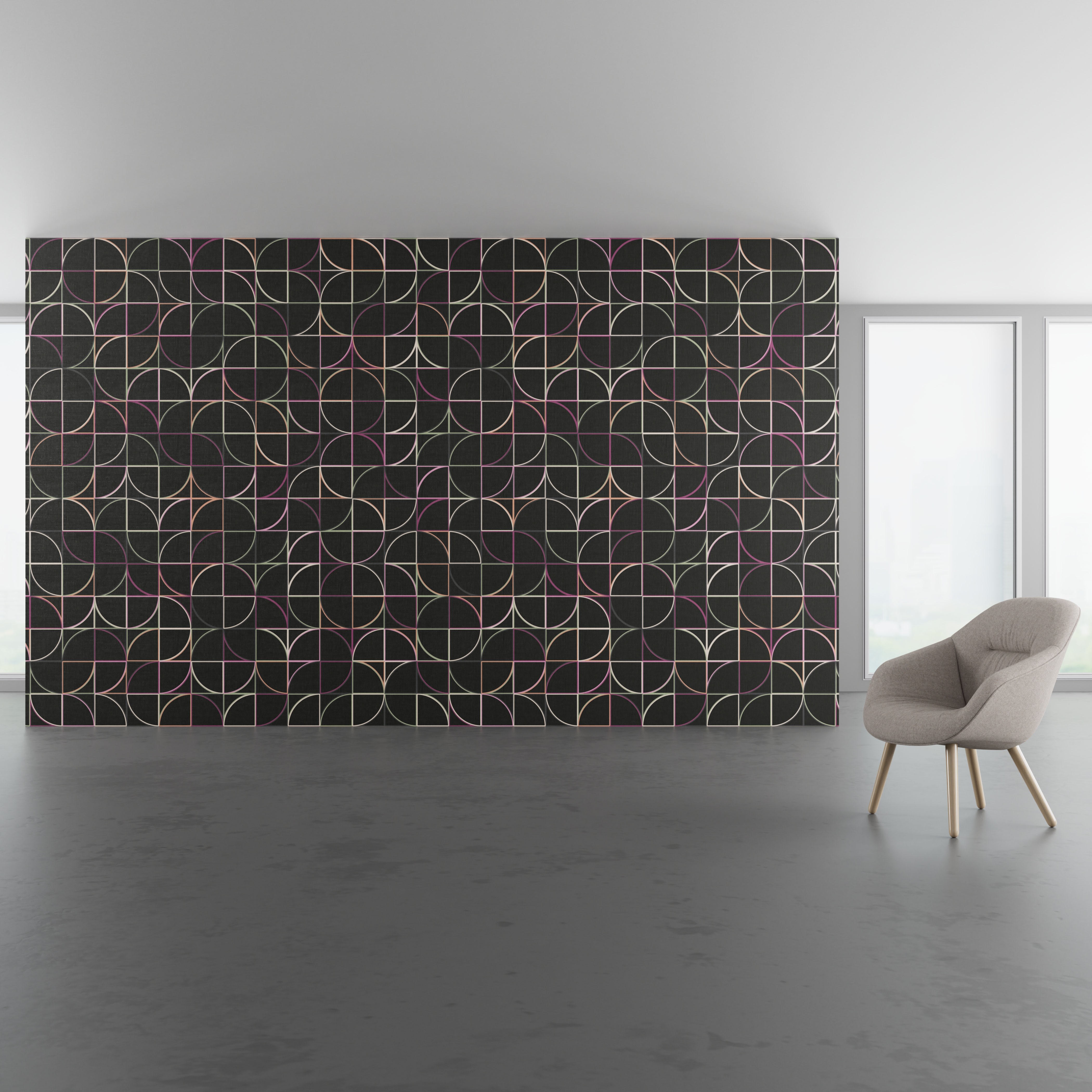 Install scene of Paradigm, a contemporary digital art wallcovering pattern.
