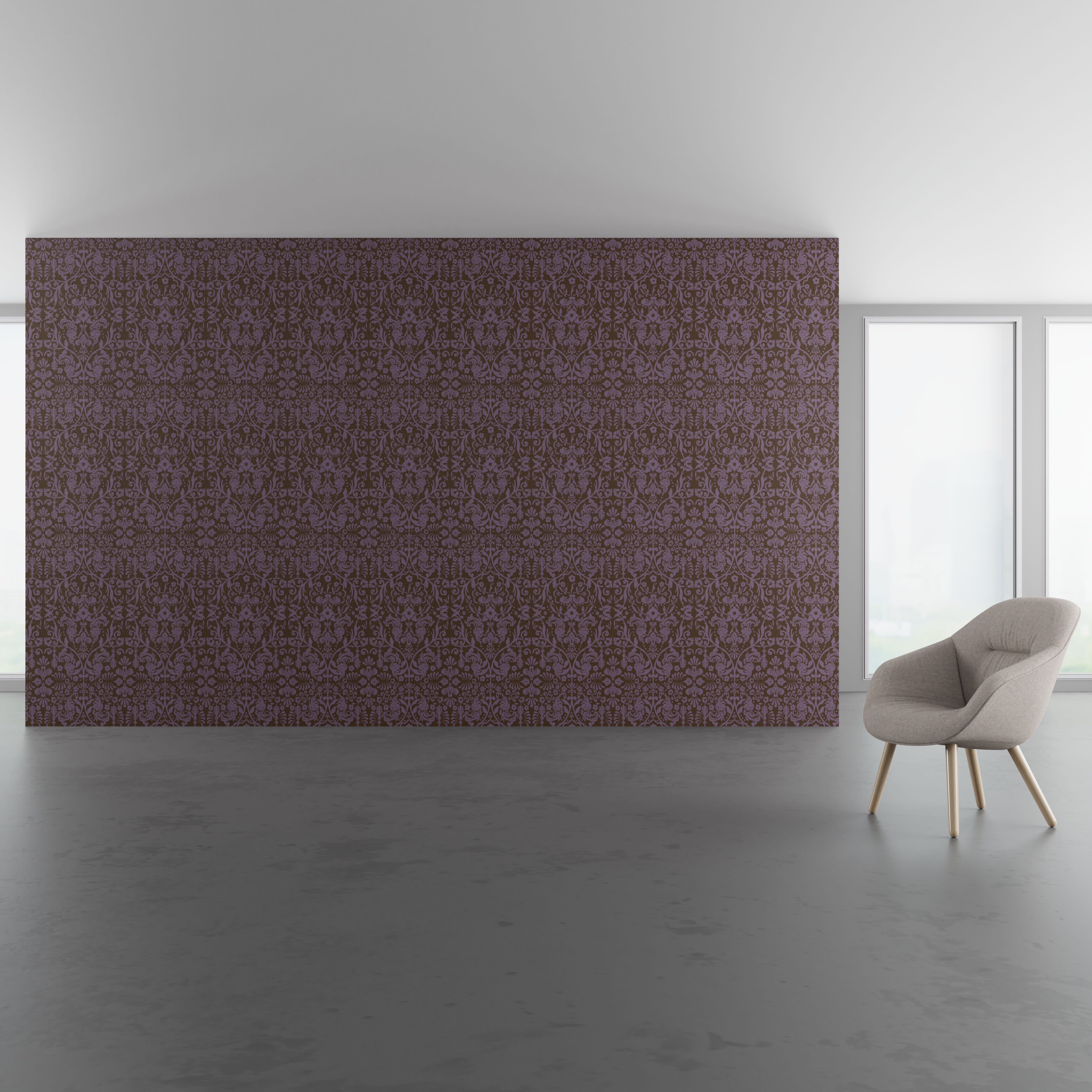 Install scene of Petal Damascus, a traditional digital art wallcovering pattern.