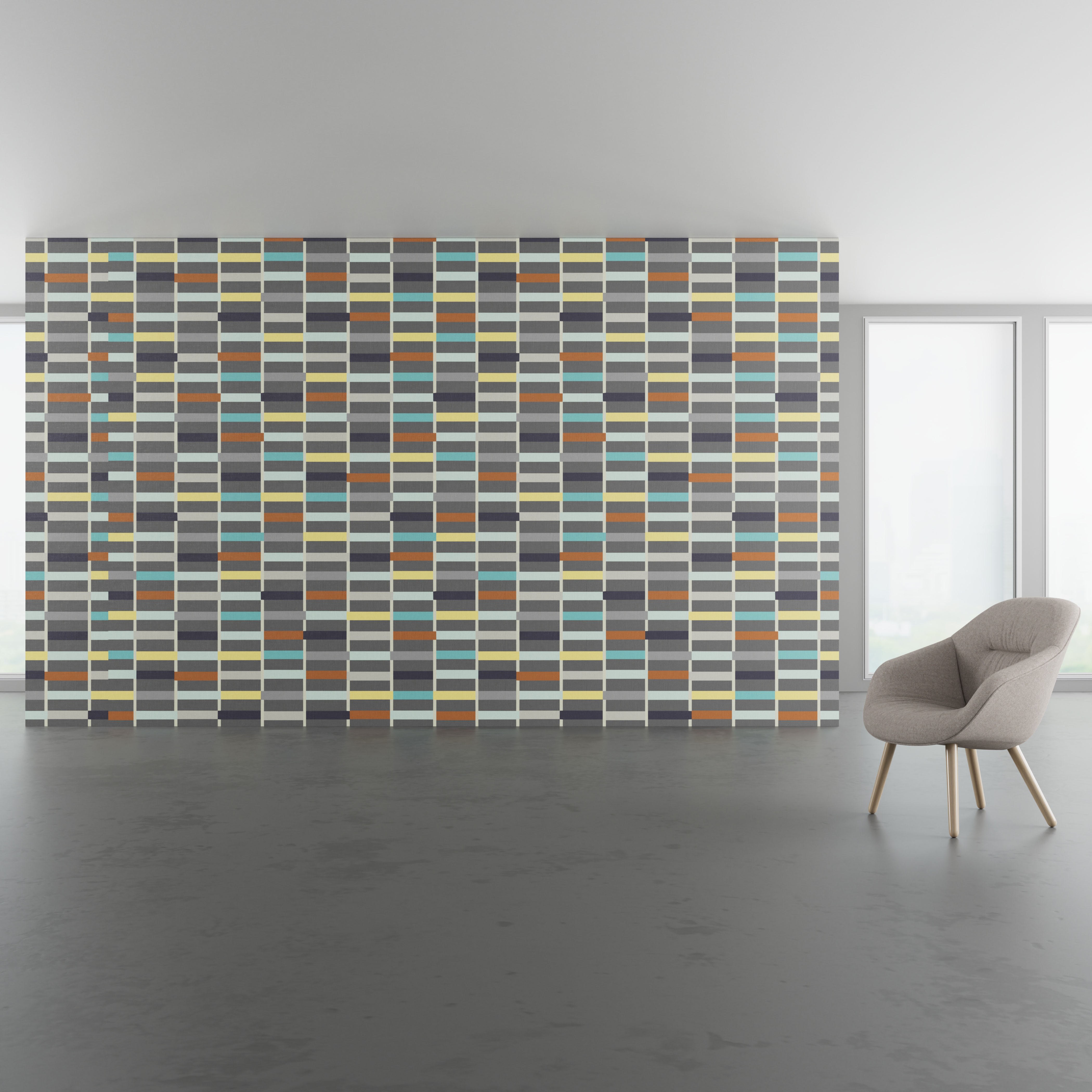 Install scene of Platform DL, a contemporary digital art wallcovering pattern, also available as a textile.