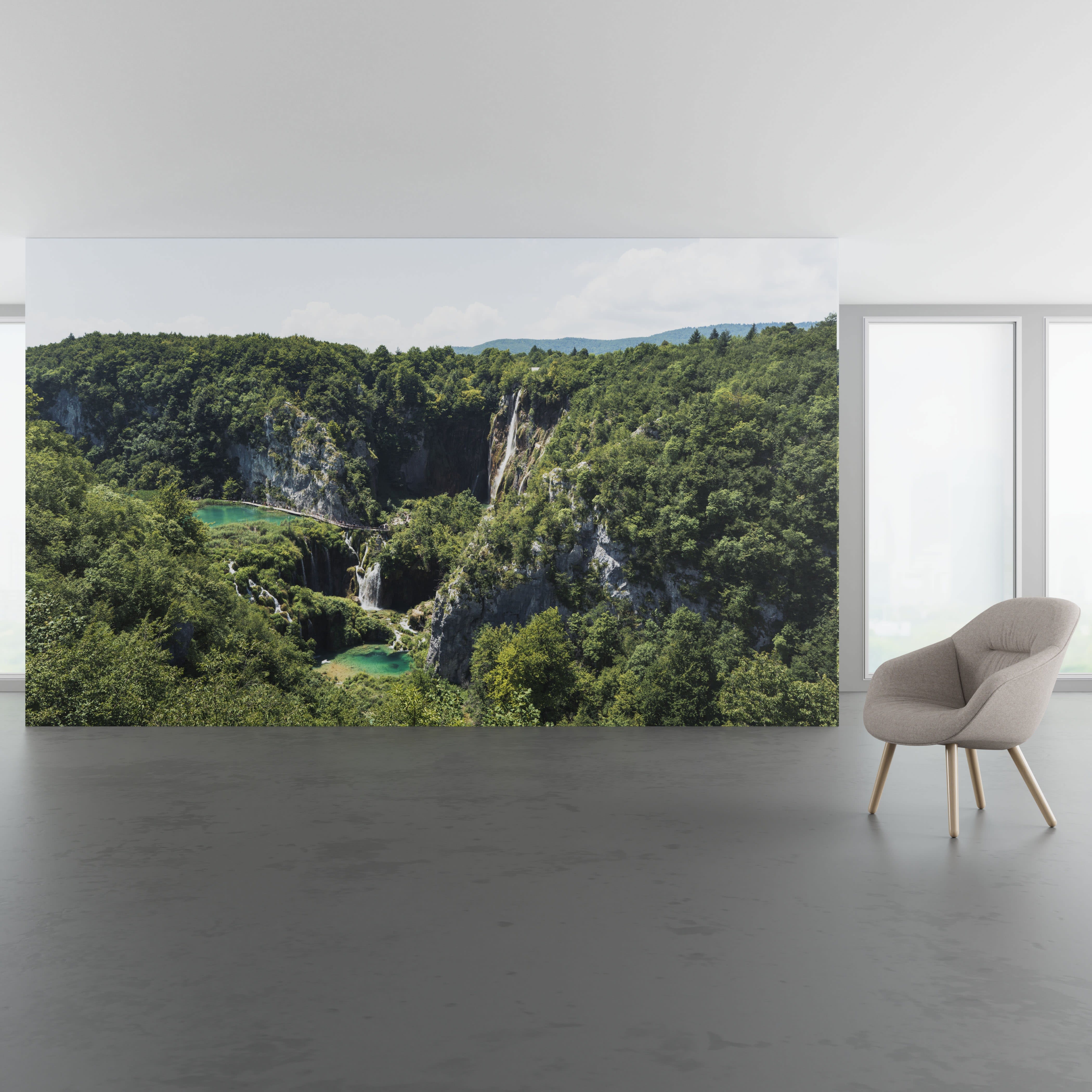 Install scene of Plitvice, a digital art wallcovering pattern featuring photography of one of the oldest and largest national parks in Croatia.
