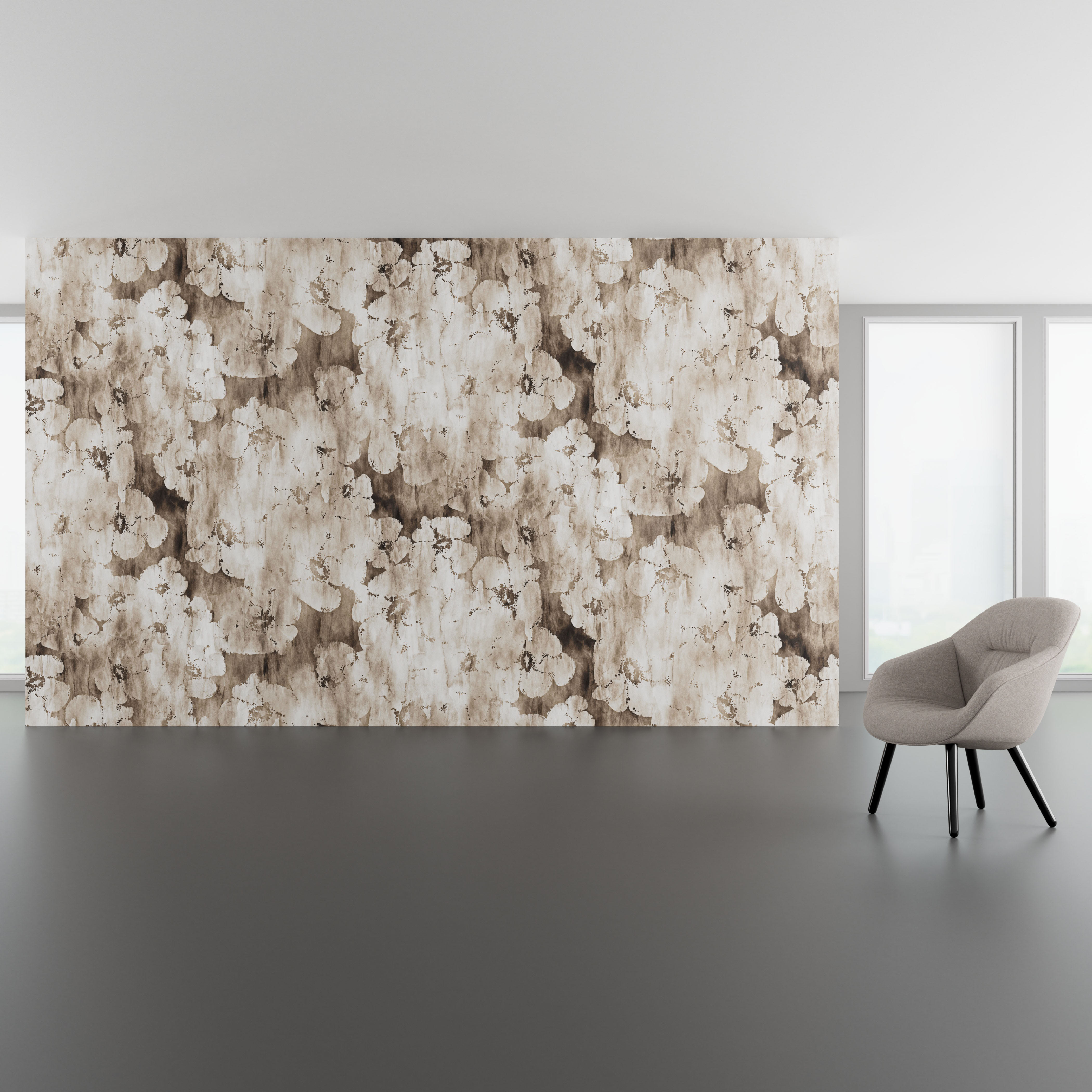 Install scene of Poppy, a nature-inspired digital art wallcovering pattern.
