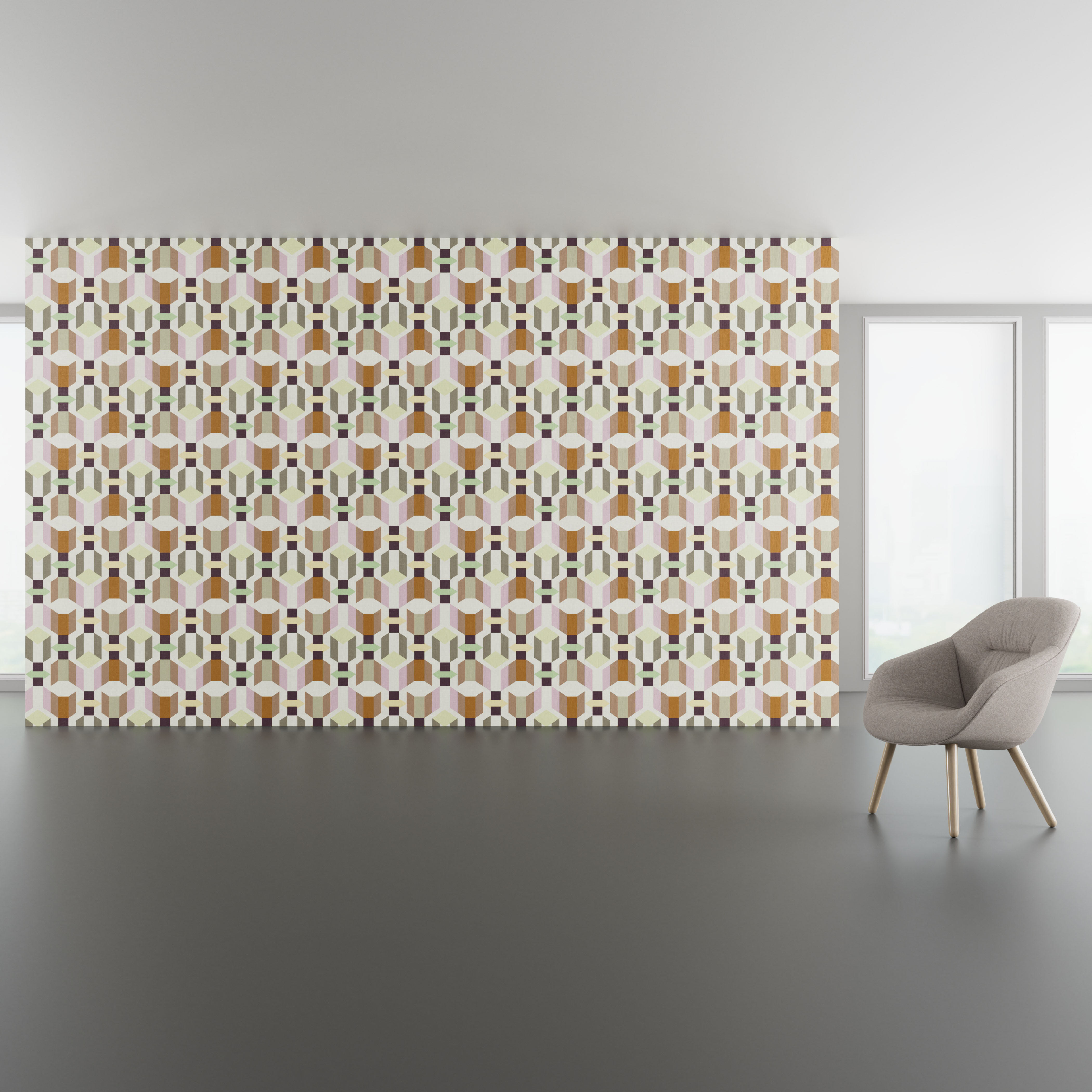 Install scene of Prismatic Rattan, a novelty digital art wallcovering pattern.