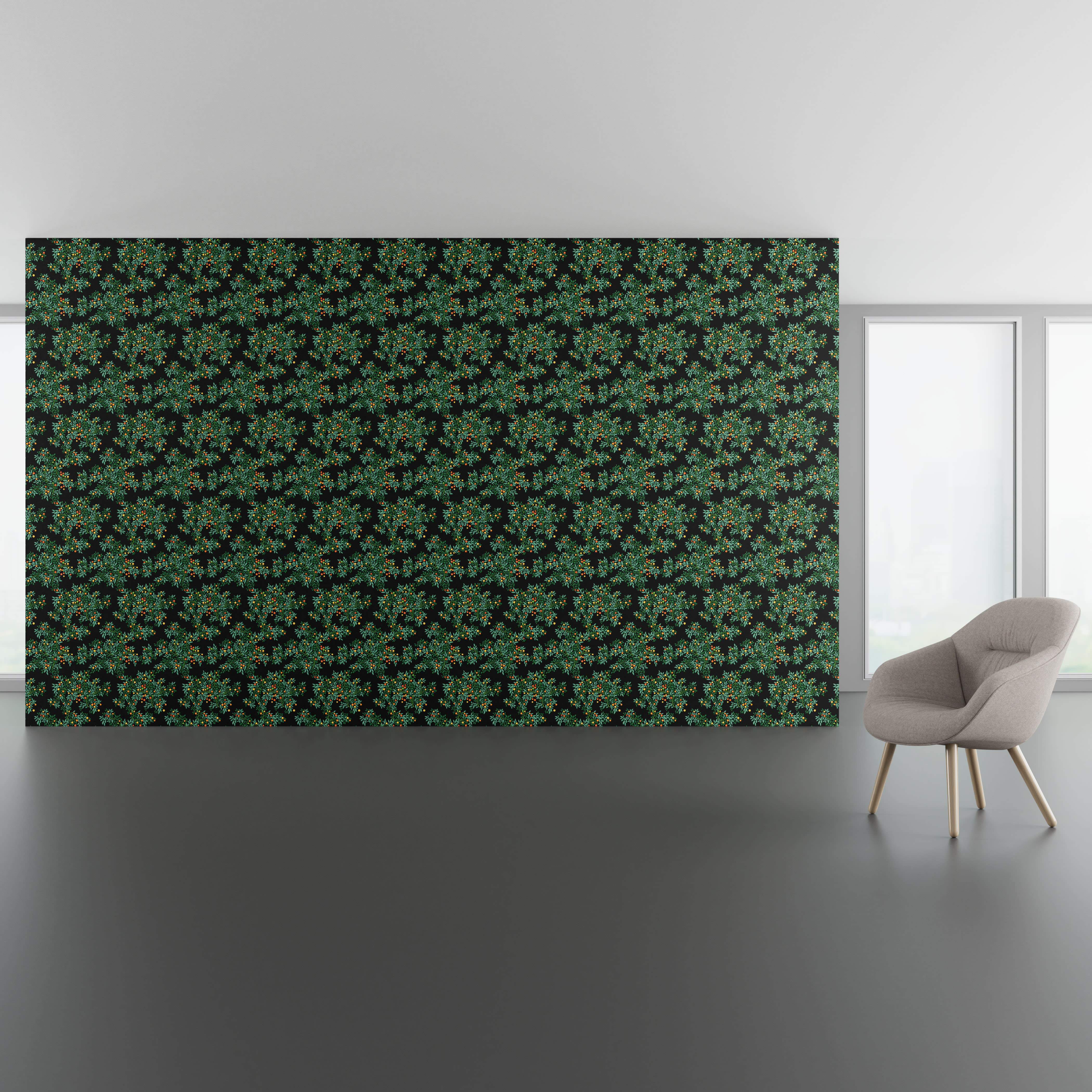 Install scene of Quince WC, a nature-inspired digital art wallcovering pattern, also available as a textile.