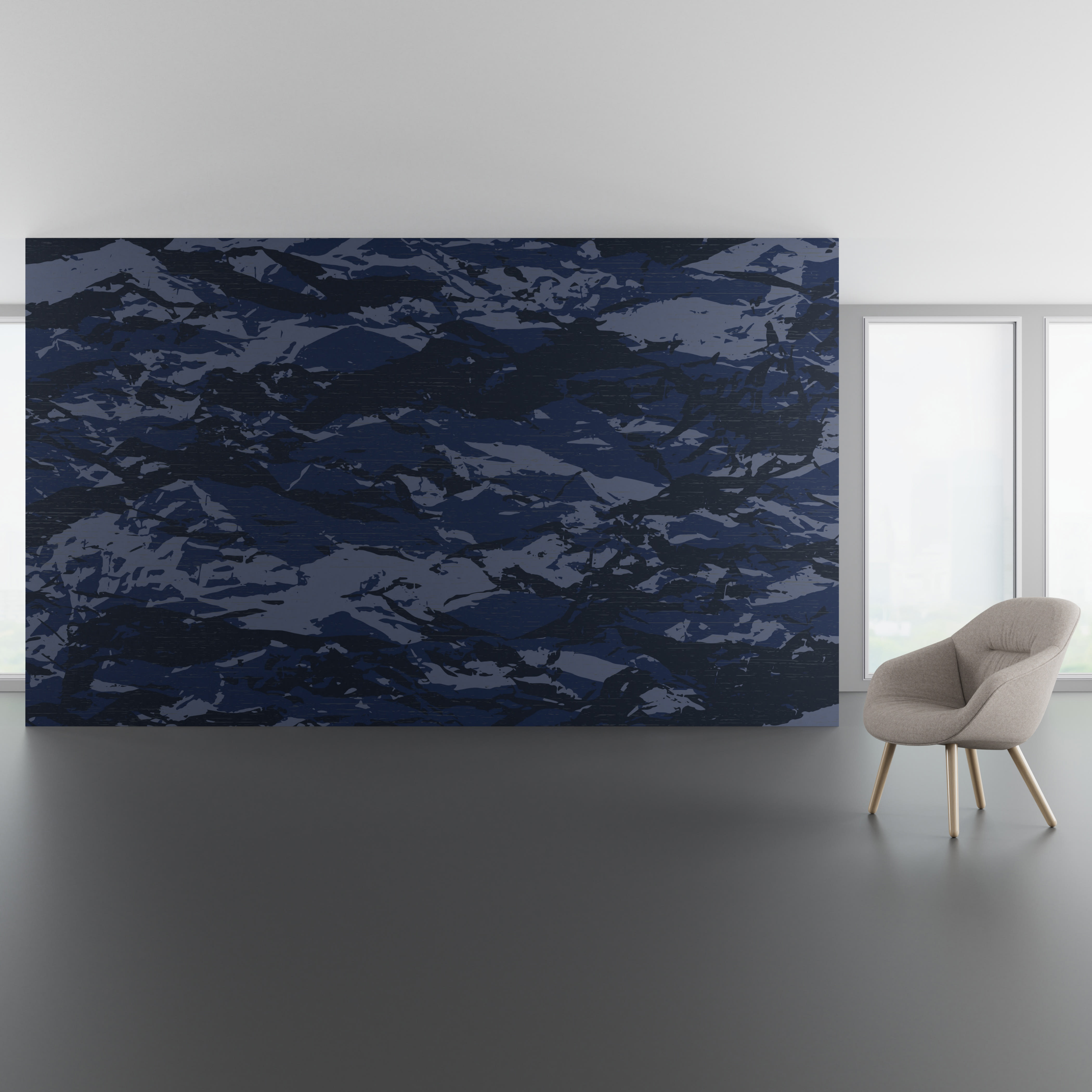 Install scene of Rainier, a nature-inspired digital art wallcovering pattern.