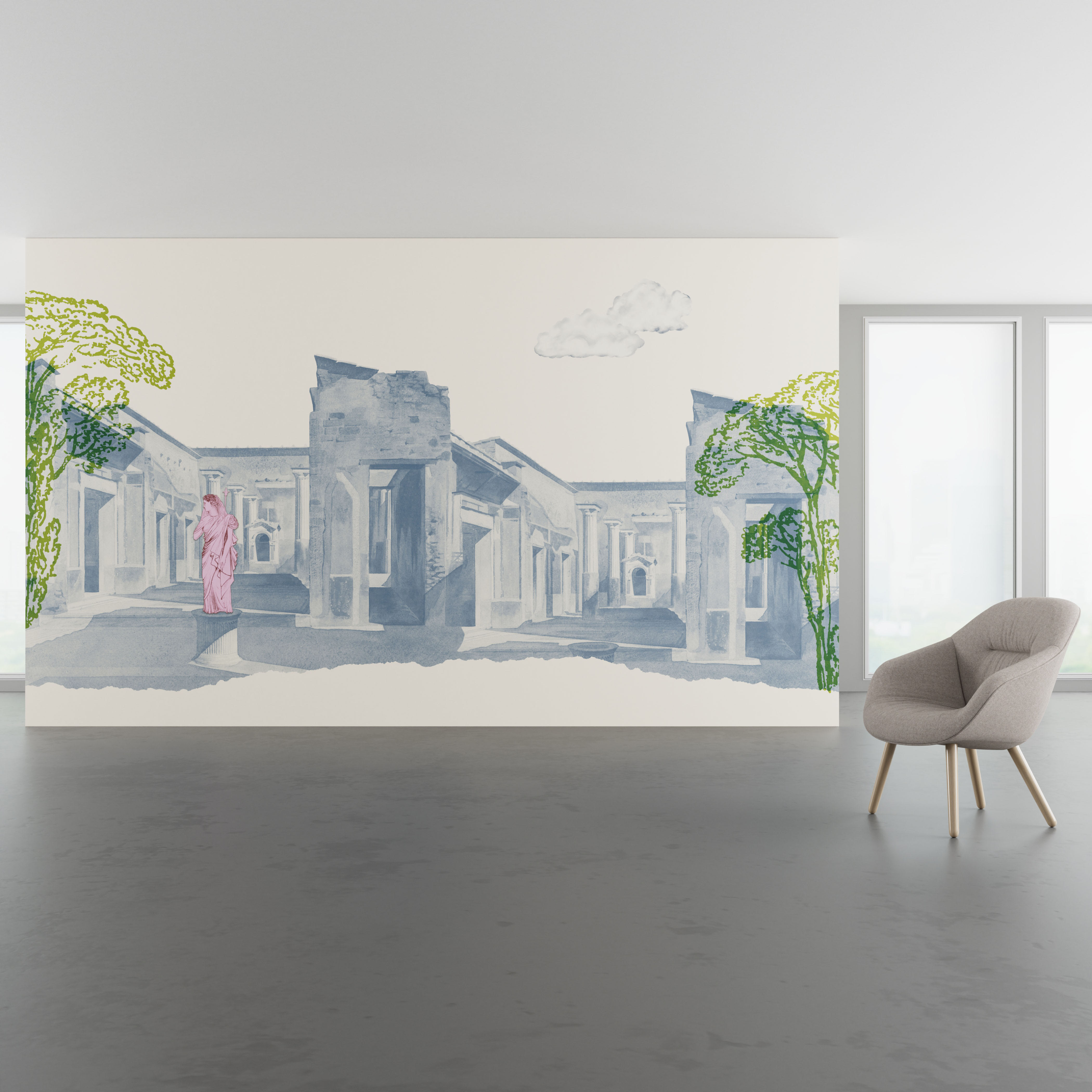 Install scene of Roman Landscape, a novelty digital art wallcovering pattern.