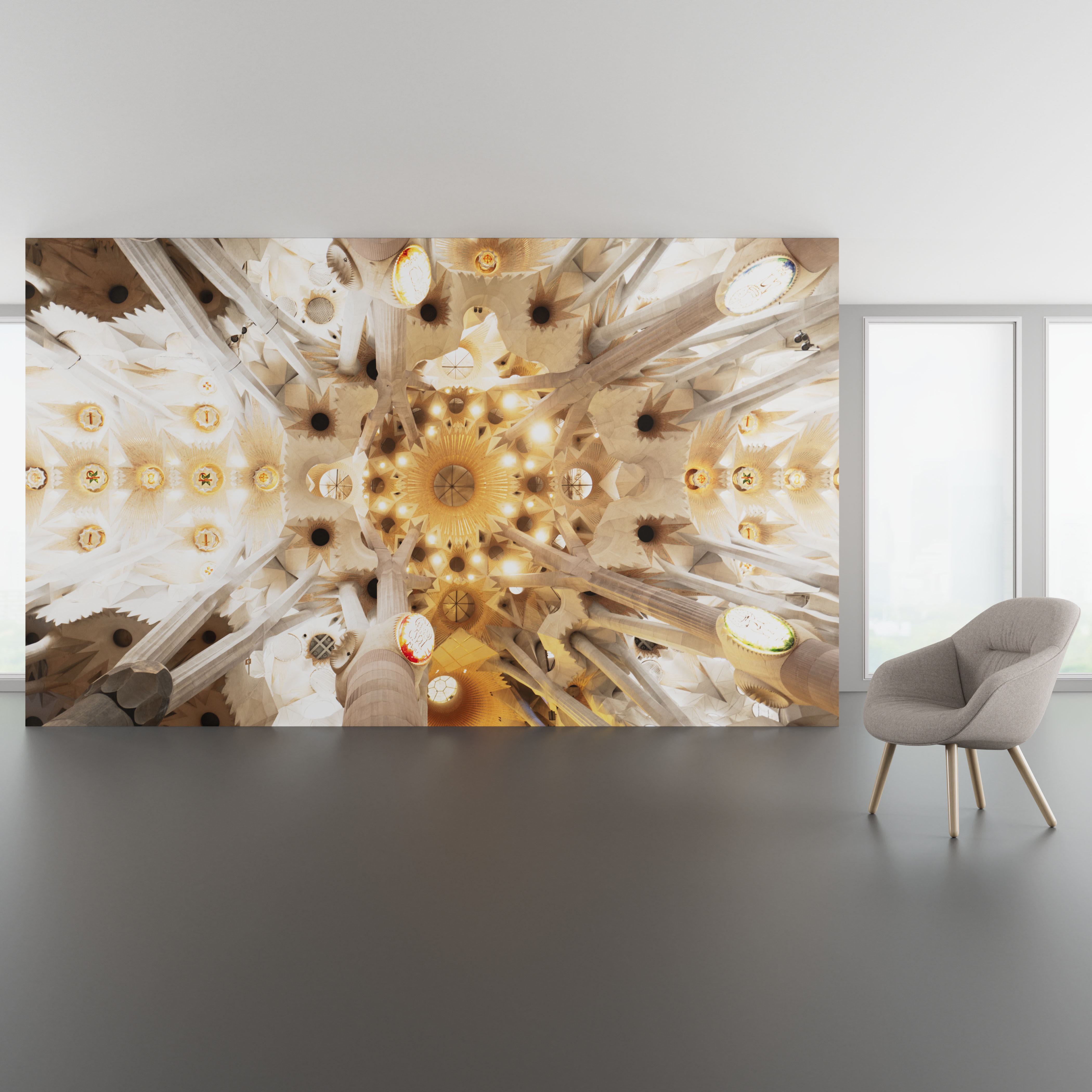 Install scene of Sagrada, a digital art wallcovering pattern featuring photography of stain glass windows in The Sagradia Familia church in Barcelona, Spain.