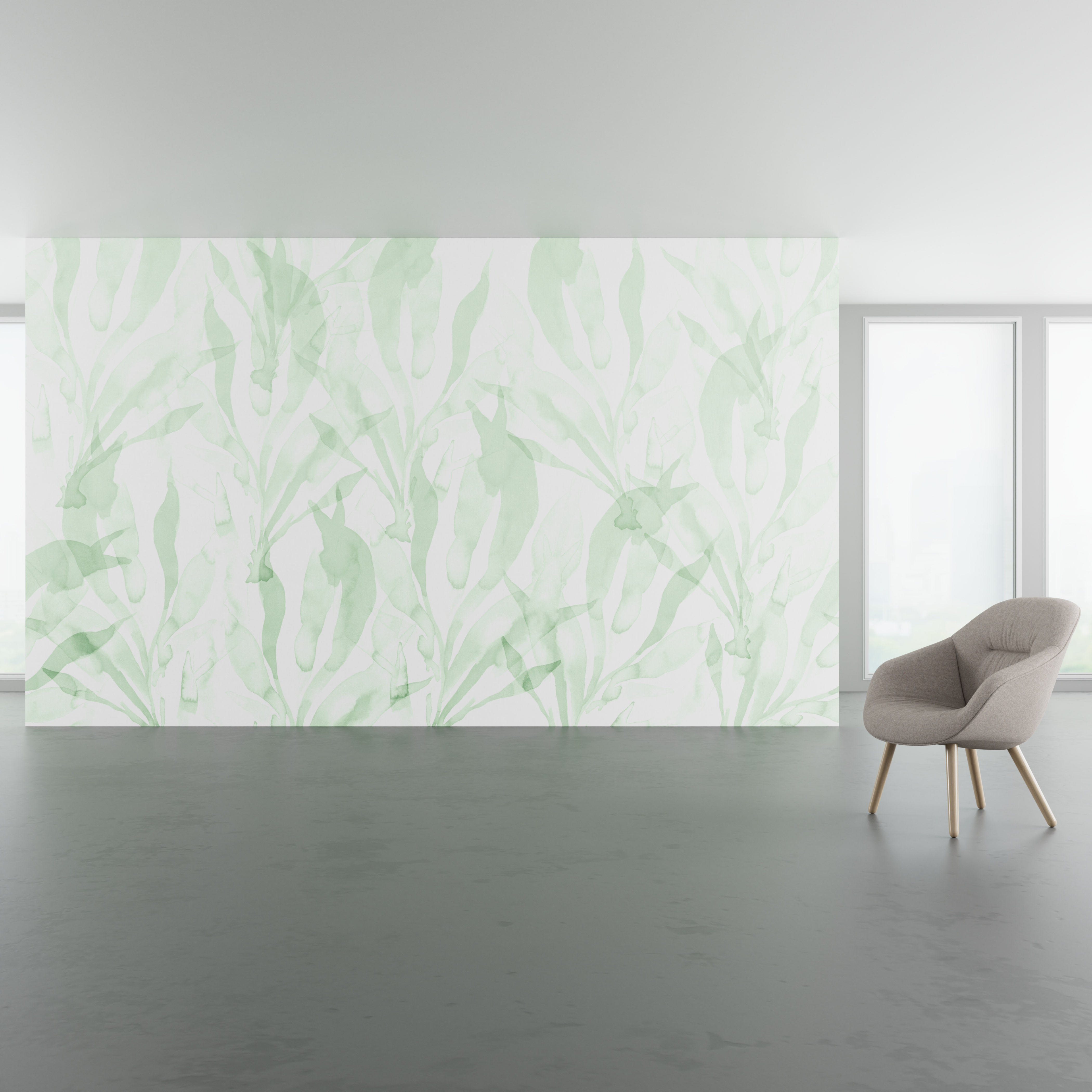 Install scene of Seagrass Forest, a nature-inspired digital art wallcovering pattern.