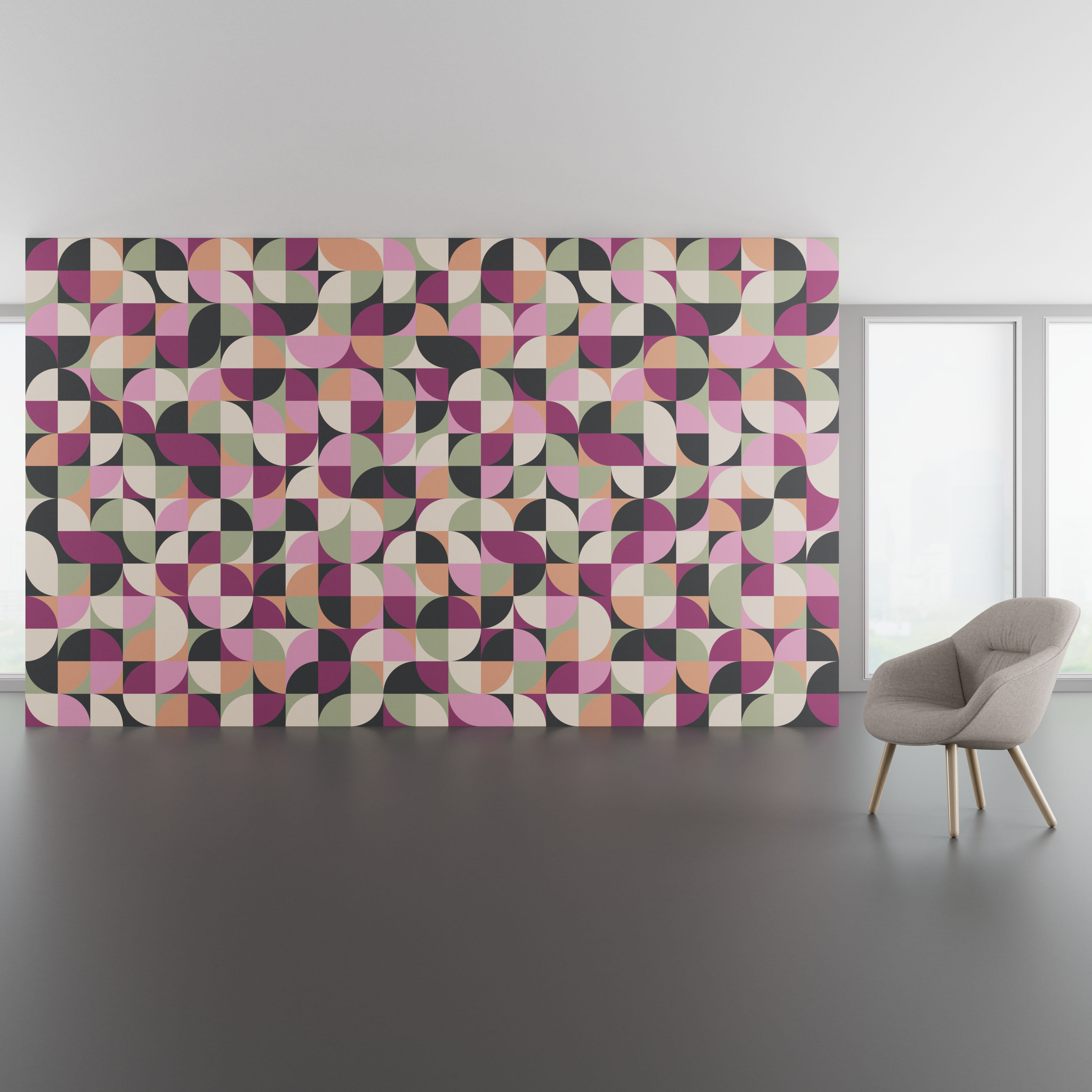 Install scene of Shifting Shapes, a contemporary digital art wallcovering pattern.