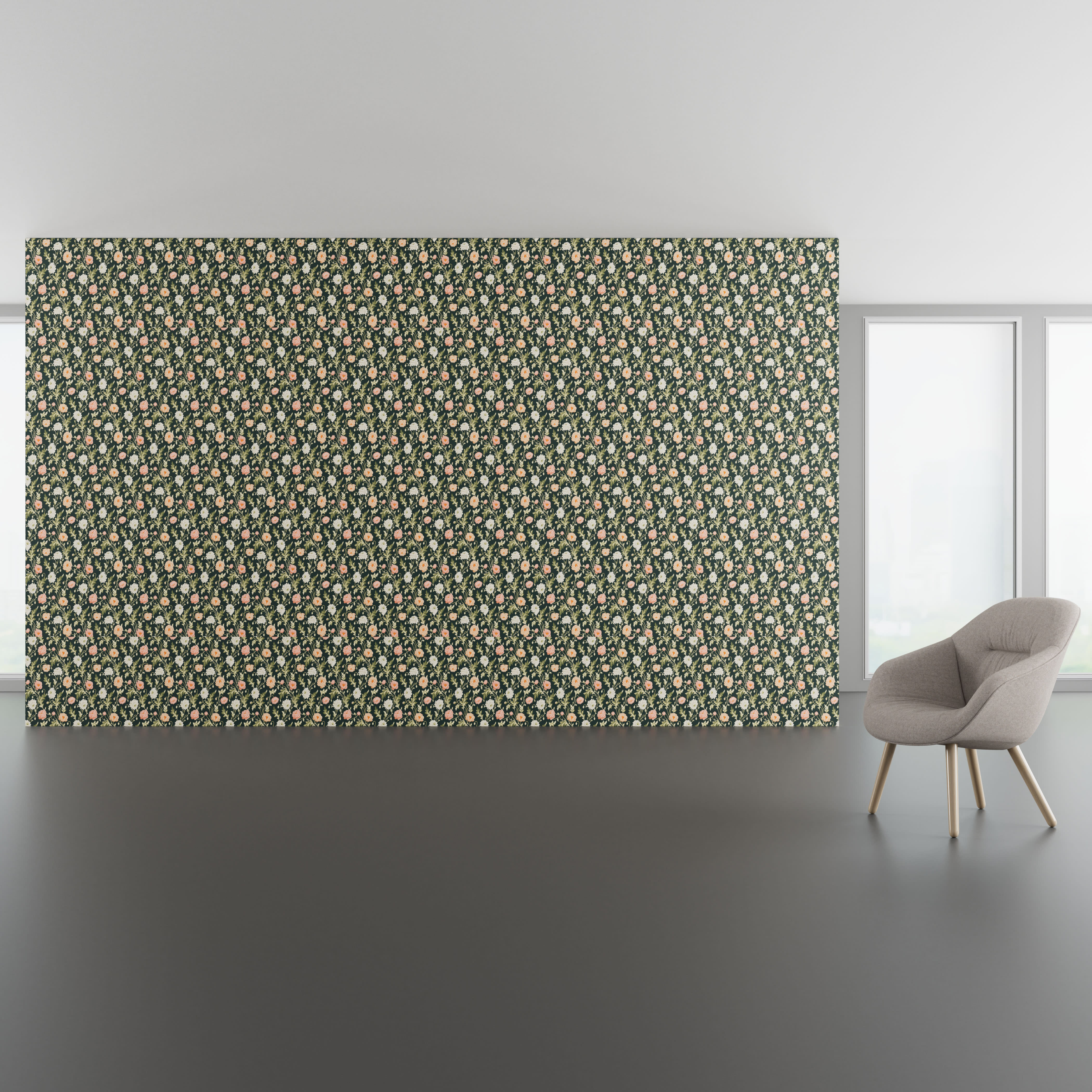 Install scene of Sonnet in Bloom, a nature-inspired digital art wallcovering pattern.