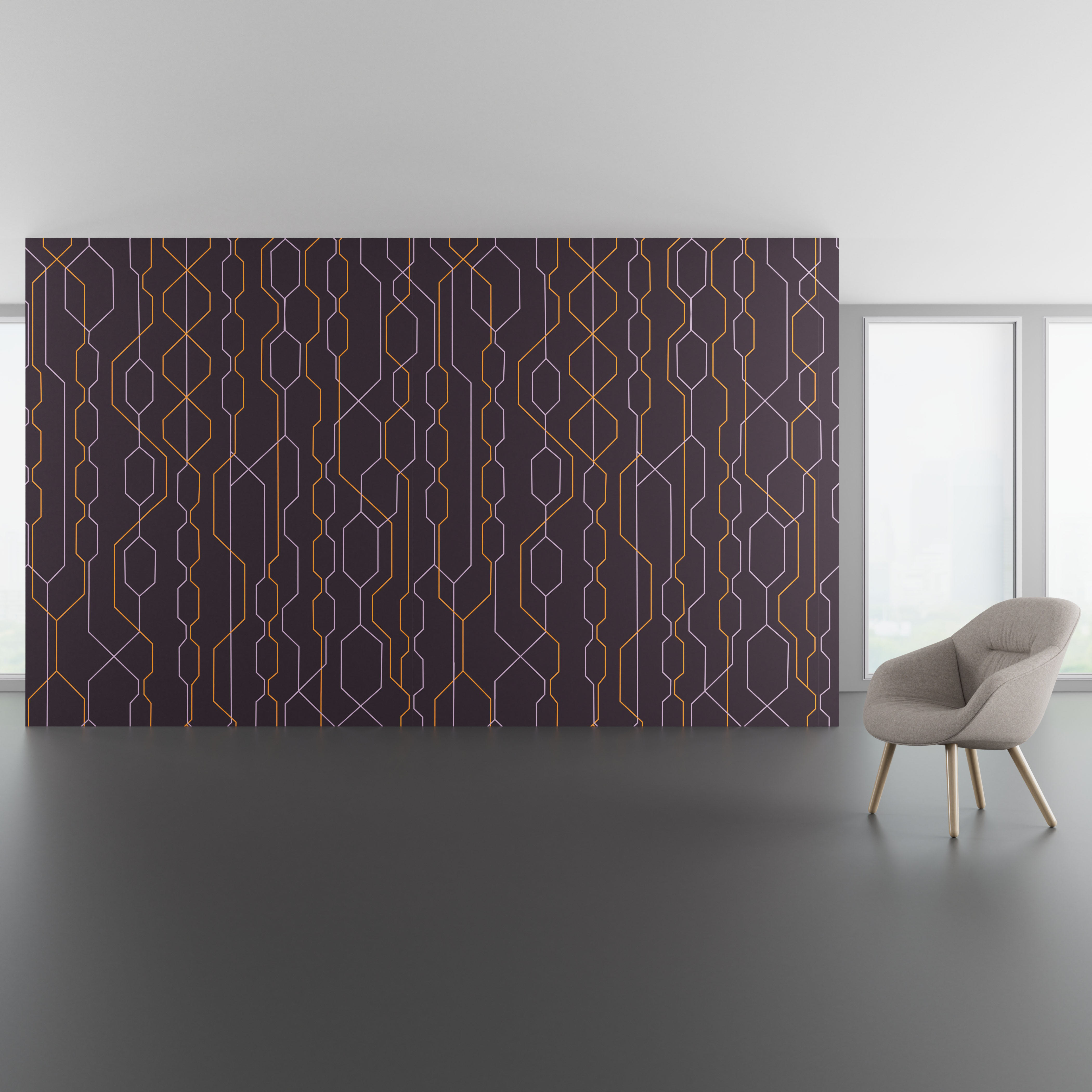 Install scene of Story WC, a novelty digital art wallcovering pattern, also available as a textile.