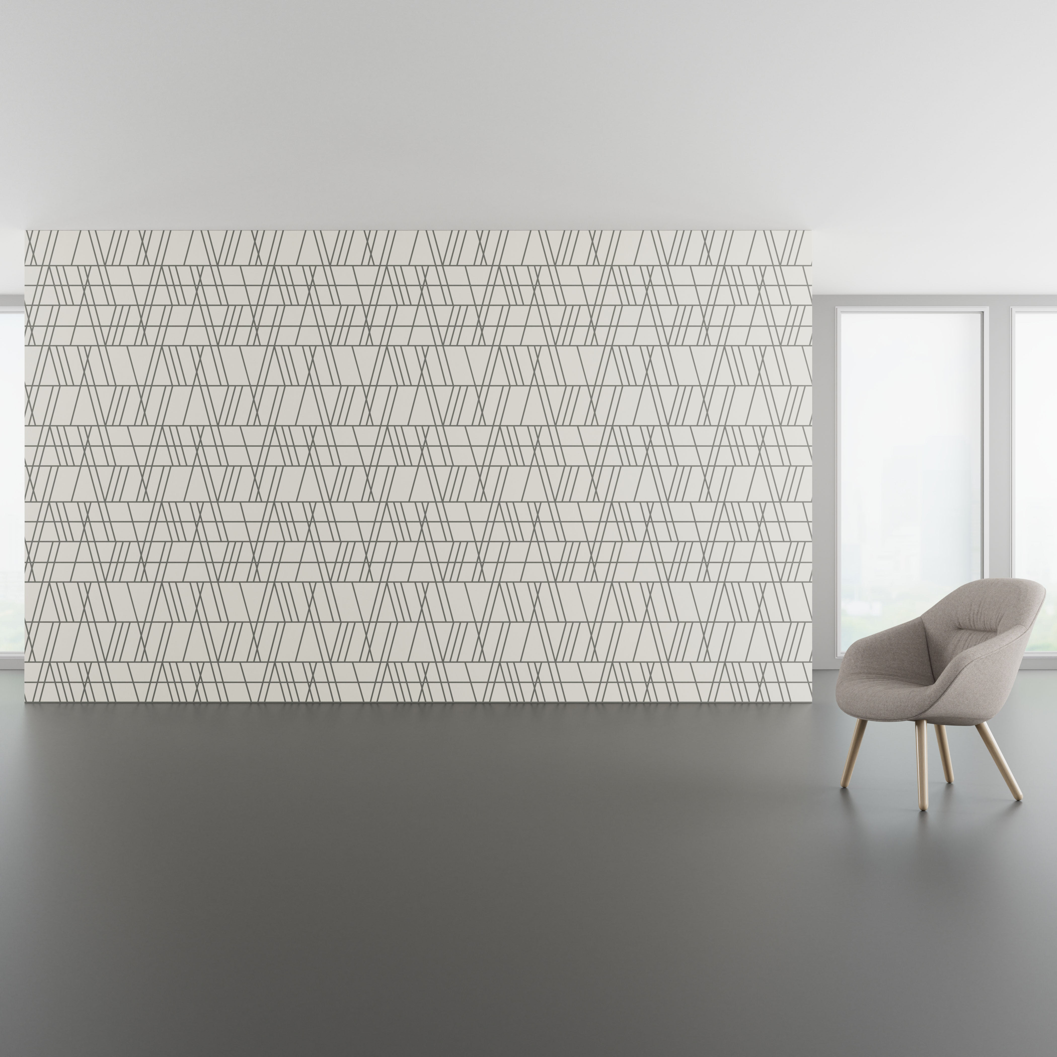Install scene of Sunbeam WC, a contemporary digital art wallcovering pattern, also available as a textile.