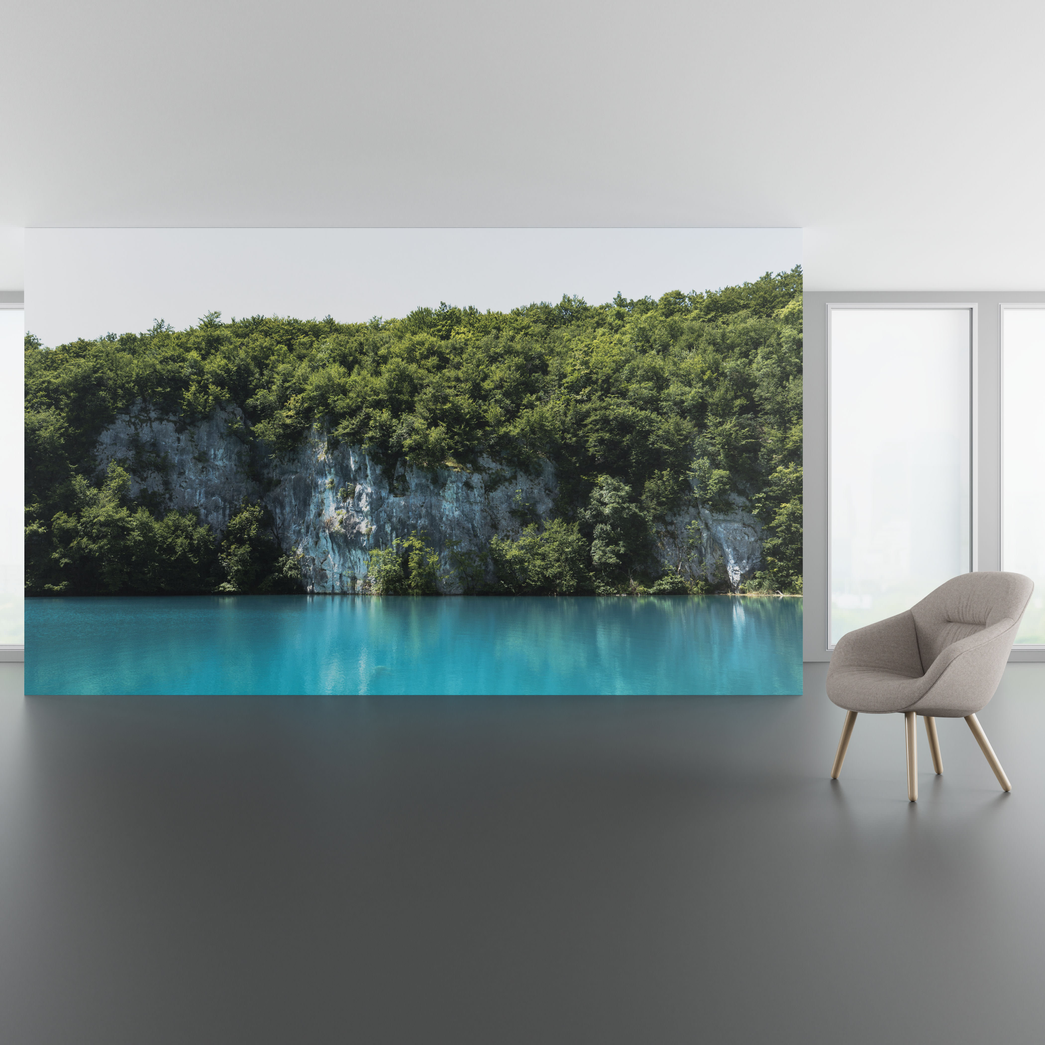 Install scene of Tufa, a digital art wallcovering featuring photography of Tufa waterfalls.